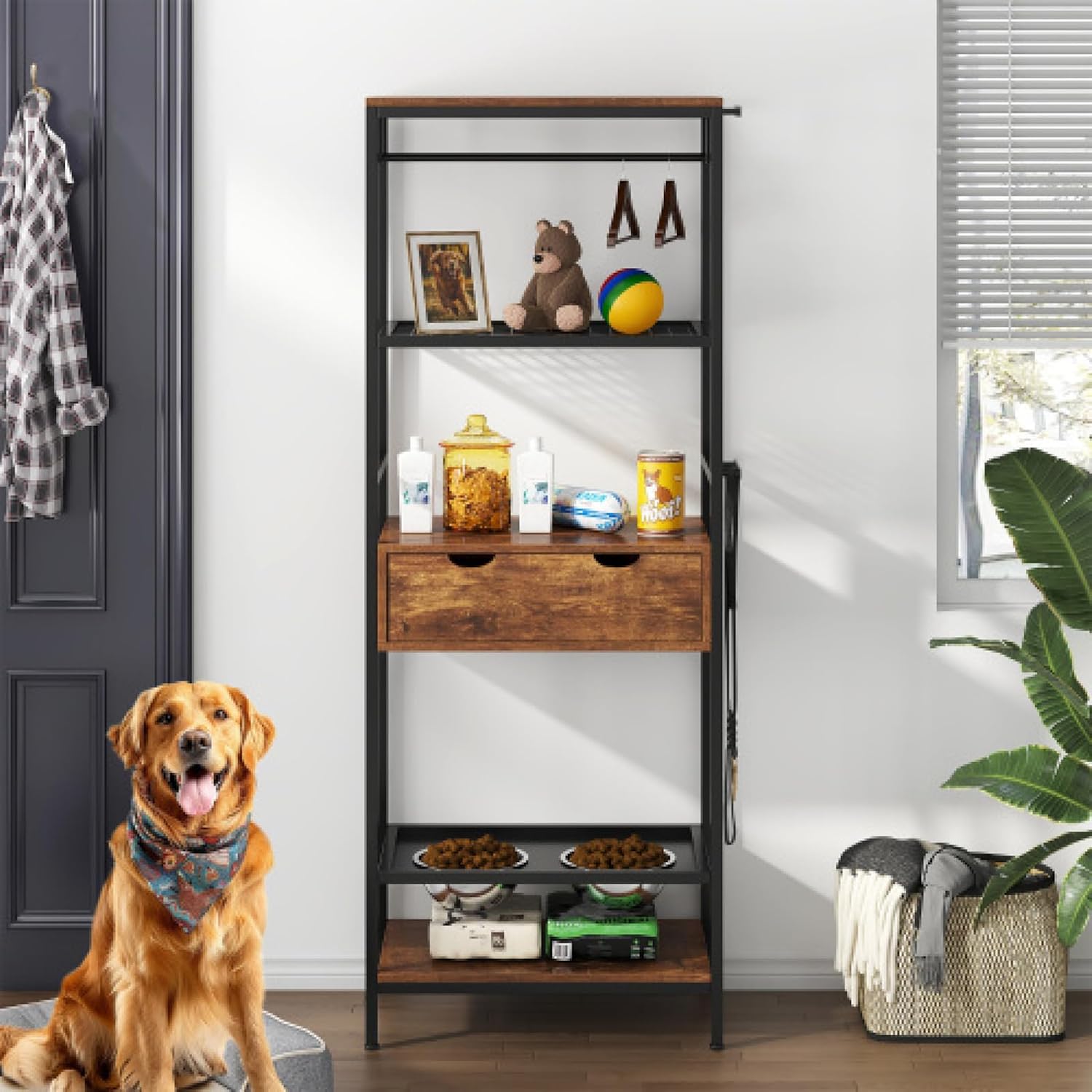 Dog Feeding Station 3 Height Adjustable Raised Dog Bowls Dog Food Storage Cabinet for Large Medium Dogs Cats with Shelves