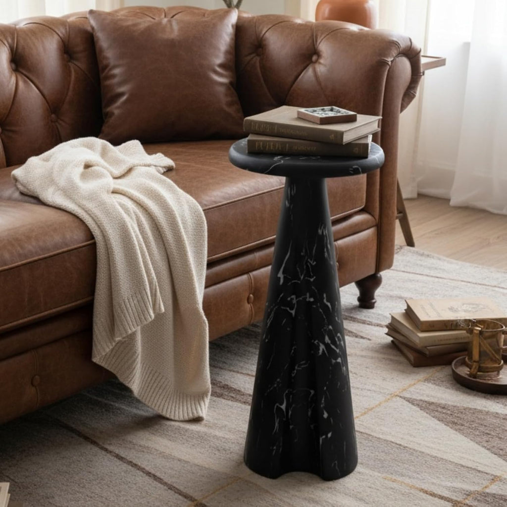 Modern Faux Marble Bedside Table for Living Room, 9' Round Stone Side Table Vintage Night Stand, Small Rustic Black End Table for Drink in Bedroom Apartment Waiting Room, White and Black