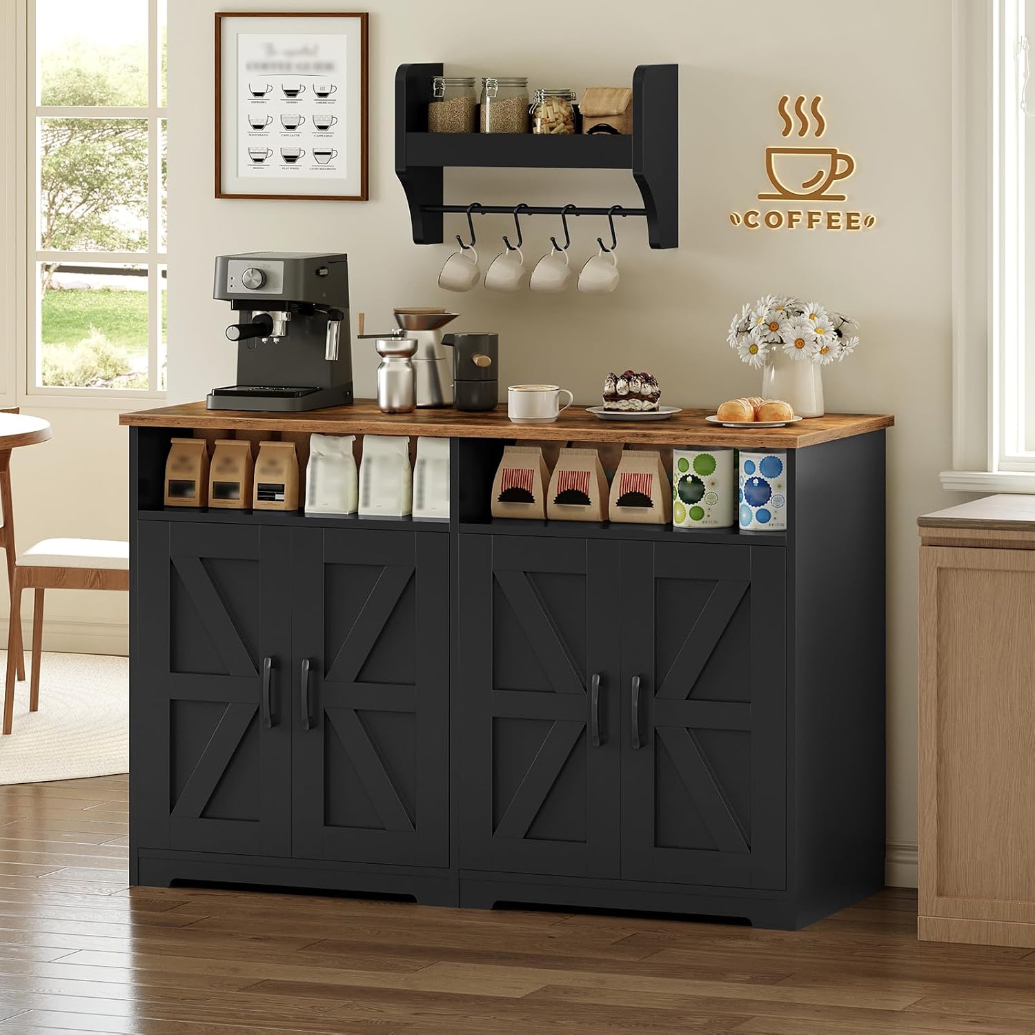 YATINEY Coffee Bar Cabinet, Kitchen Island with Storage, Farmhouse Sideboard Buffet Cabinet with Dual-Purpose Floating Shelf and Hooks, for Restaurant, Living Room, Rustic Brown KF32BR