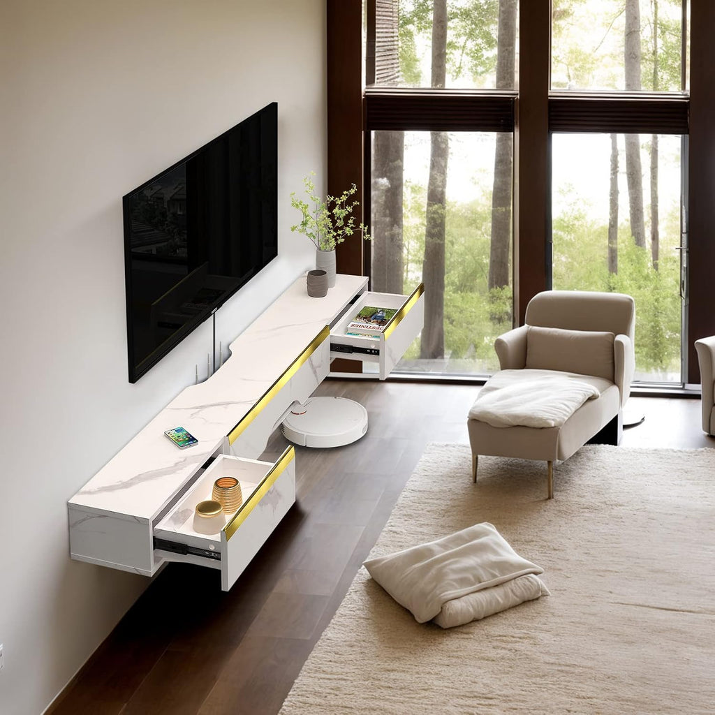 Pmnianhua Floating TV Shelf with Drawers, 59'' Wall Mounted TV Console Entertainment Media Shelf with 2 Drawers and 1 Door for Bedroom Living Room (White)