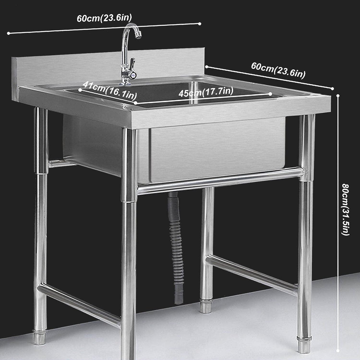 Commercial Kitchen Sink, 304 Stainless Steel Single Bowl Sink, Free Standing Prep & Utility Sink, Washing Hand Basin for Restaurant, Laundry, Garden, Outdoor