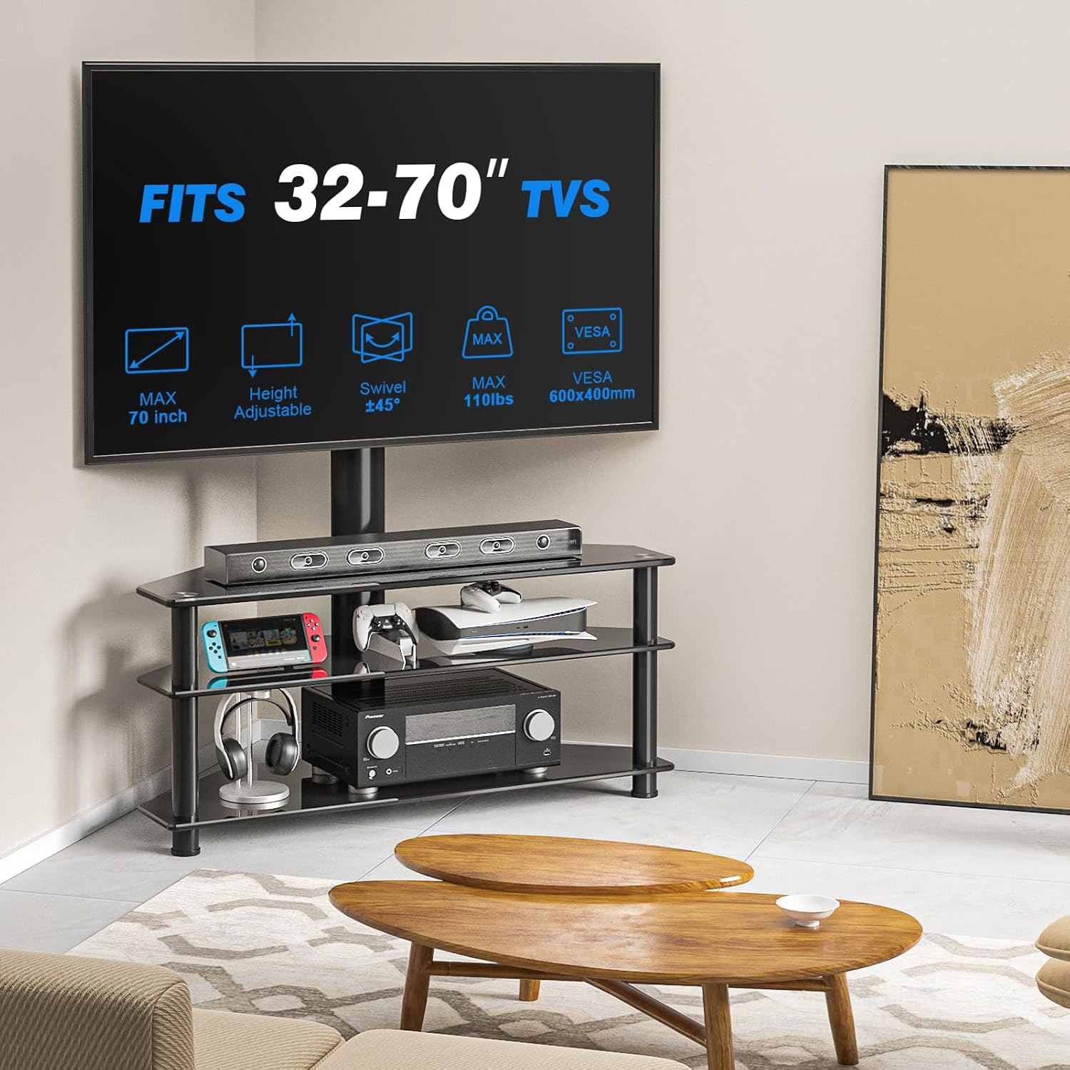 Rfiver Corner Swivel Glass TV Stand with Mount for 32-70 Inch Screen TV up to 110lbs, Height Adjustable Corner TV Stand with Mount, Entertainment Center with TV Mount and 3-Tier Storage for AV Media