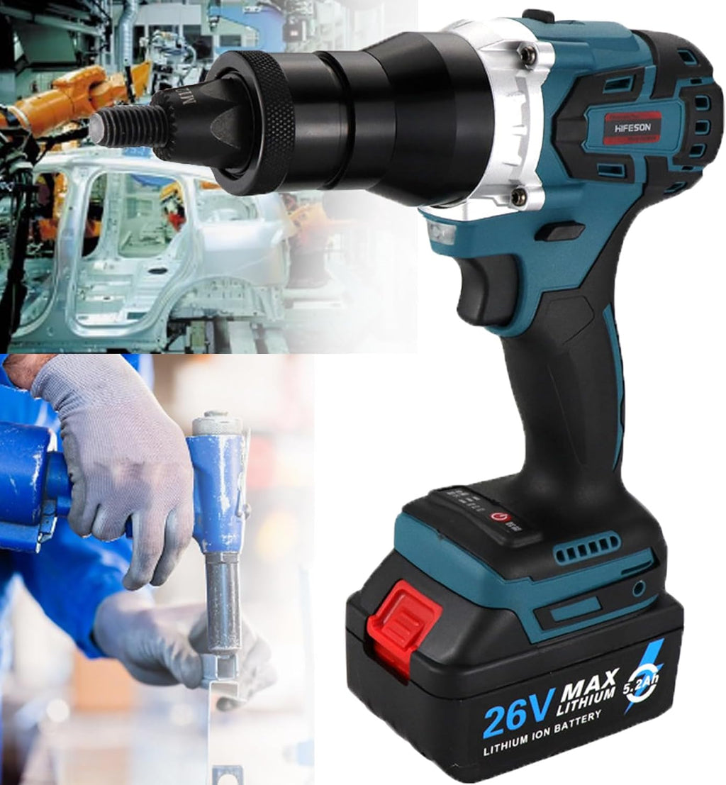 Cordless Riveter Rivet Nut Tool Kit, Heavy Duty Rivet Gun, Pop Rivet Gun Set, Professional Hand Riveter, Manual Riveting Tool, Nuts Include M3 M4 M5 M6 M8 M10 M12 Nut Tools,5200mah