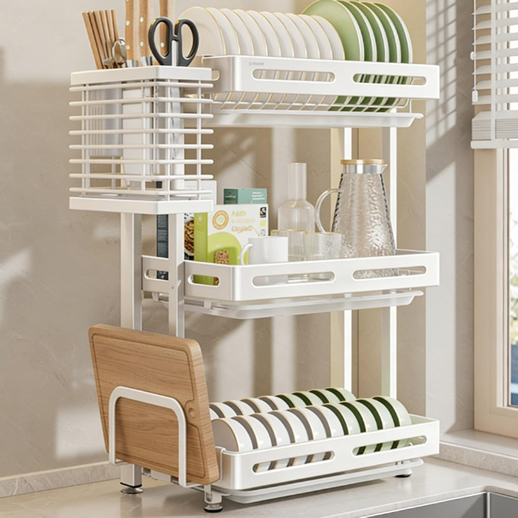 Large capacity 304 stainless steel kitchen storage rack,drainer for dishes,dish drying,foldable countertop holder for chopsticks,bowls,and plates, multi-functional(White triple-layer,43cm/17in)