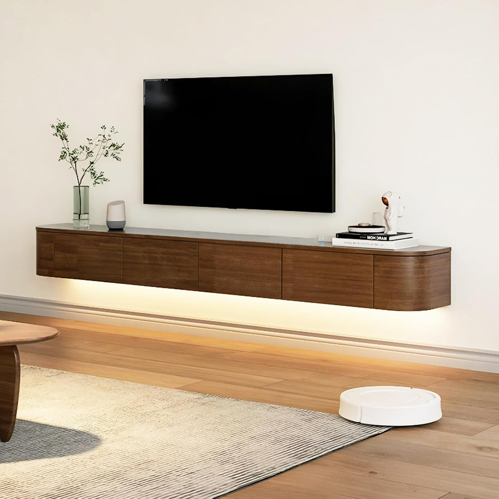 Floating TV Stand with Drawers for Bedroom,Solid Wood Living Room tv Stand with LED Lights,Suitable for Various scenarios wall Shelf TV Cabinet (Walnut&Light, 94.4')
