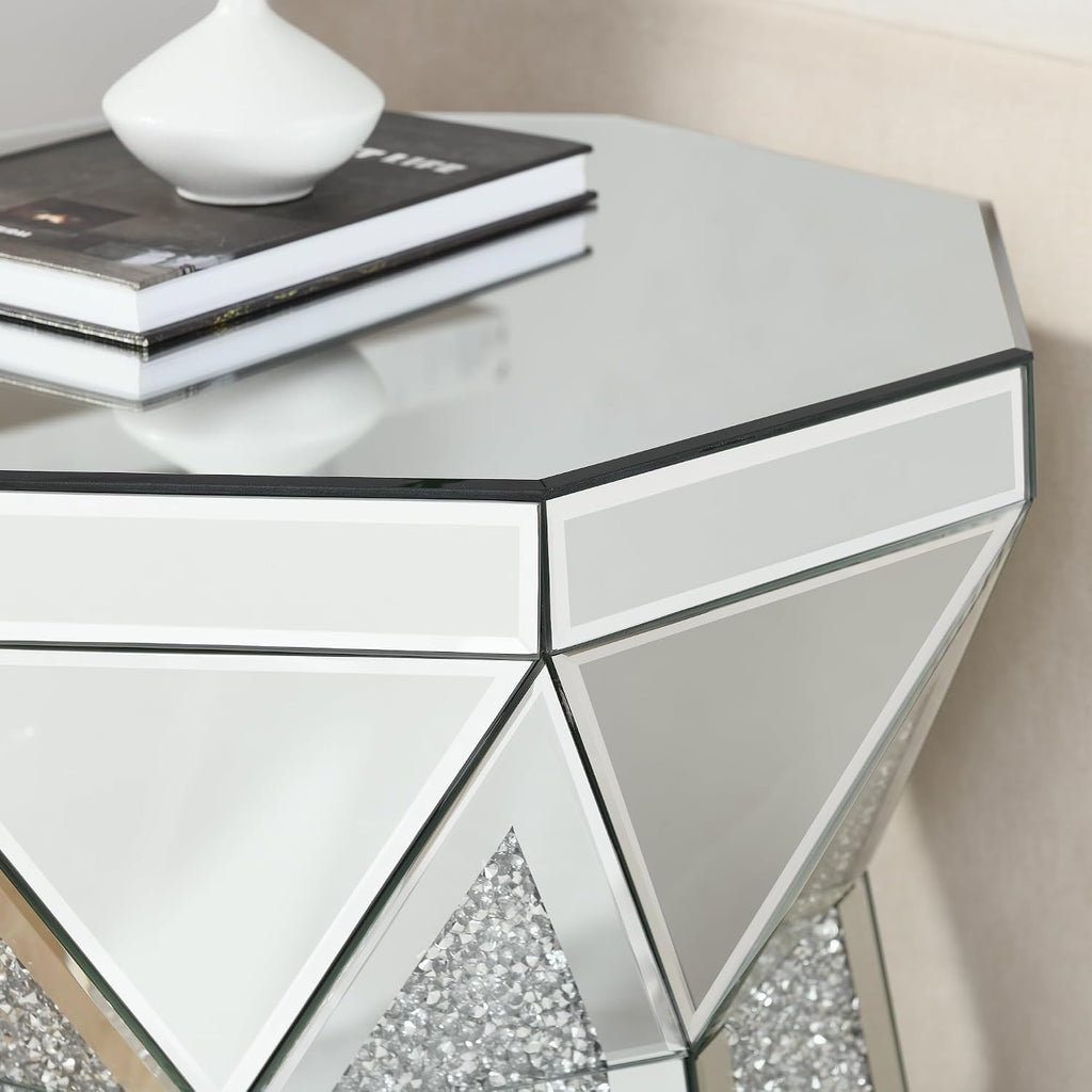 Drum End Table with Mirror Crystal, Silver Decorative Table, Modern Design Luxury Furniture, 20 inch for Living Room