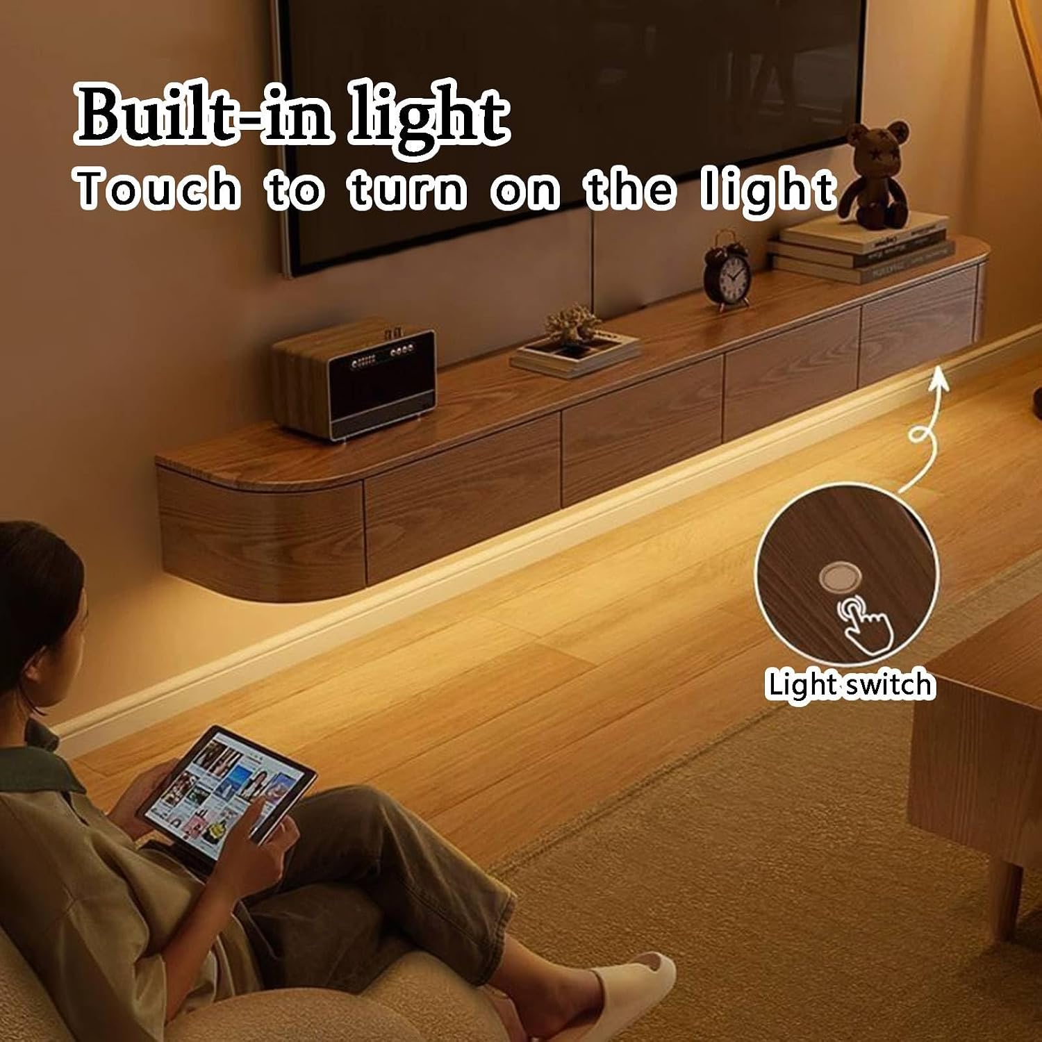 Floating TV Stand with Drawers for Bedroom,Solid Wood Living Room tv Stand with LED Lights,Suitable for Various scenarios Wall Shelf TV Cabinet(Walnut&Light, 78.7')