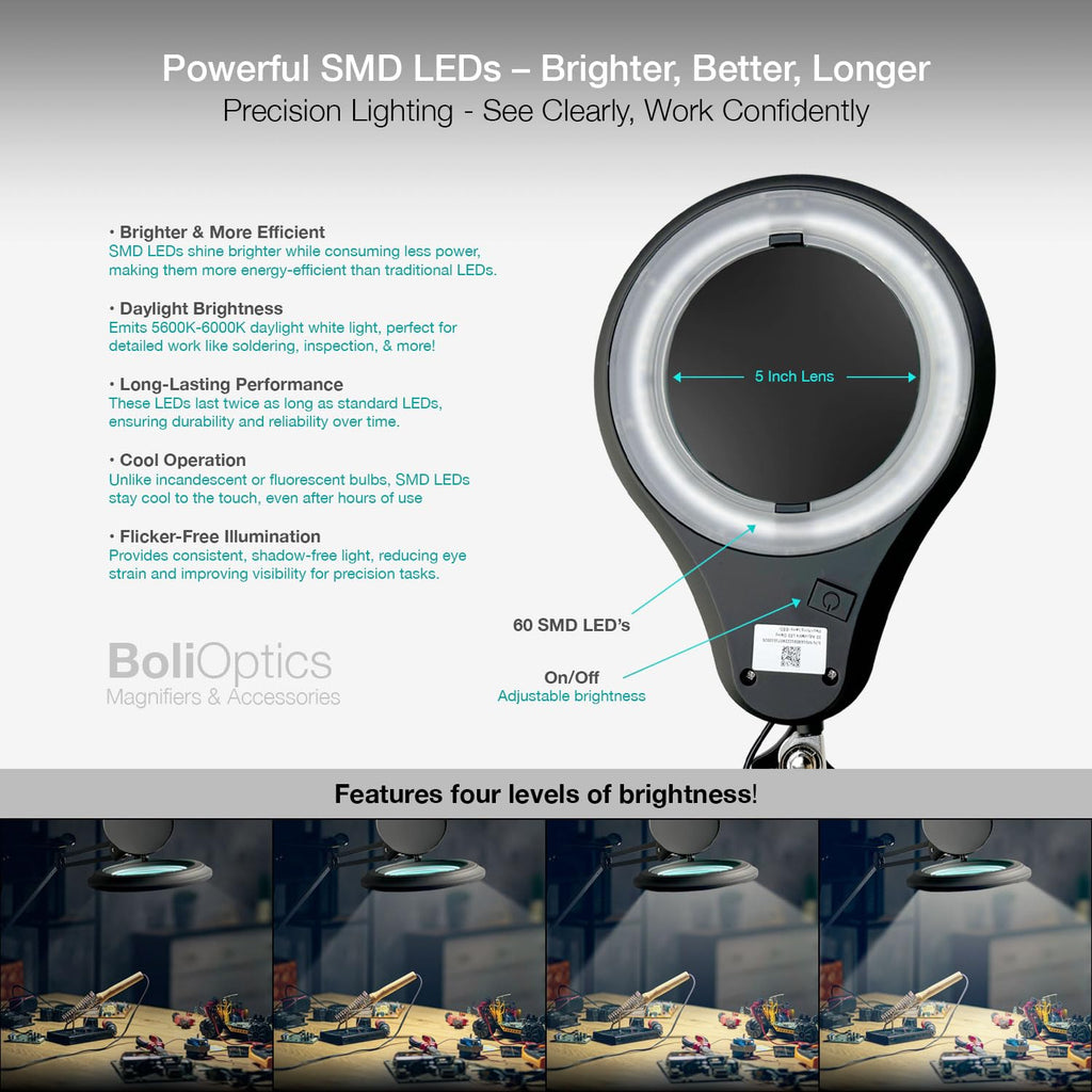 ESD Safe (Glass Lens) Professional LED Magnifying Lamp with Clamp (5 Diopter, 2.25X) Work Light, 4 Brightness Levels, Daylight Bright, 1200 Lumens, 5600K-6000K, Matte Black, BoliOptics MG16303222