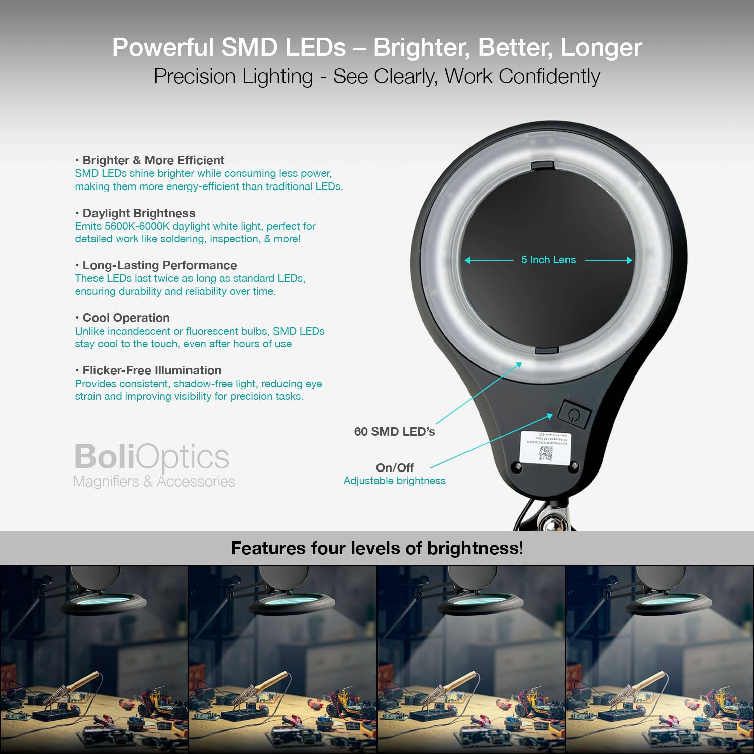 ESD Safe (Glass Lens) Professional LED Magnifying Lamp with Clamp (5 Diopter, 2.25X) Work Light, 4 Brightness Levels, Daylight Bright, 1200 Lumens, 5600K-6000K, Matte Black, BoliOptics MG16303222