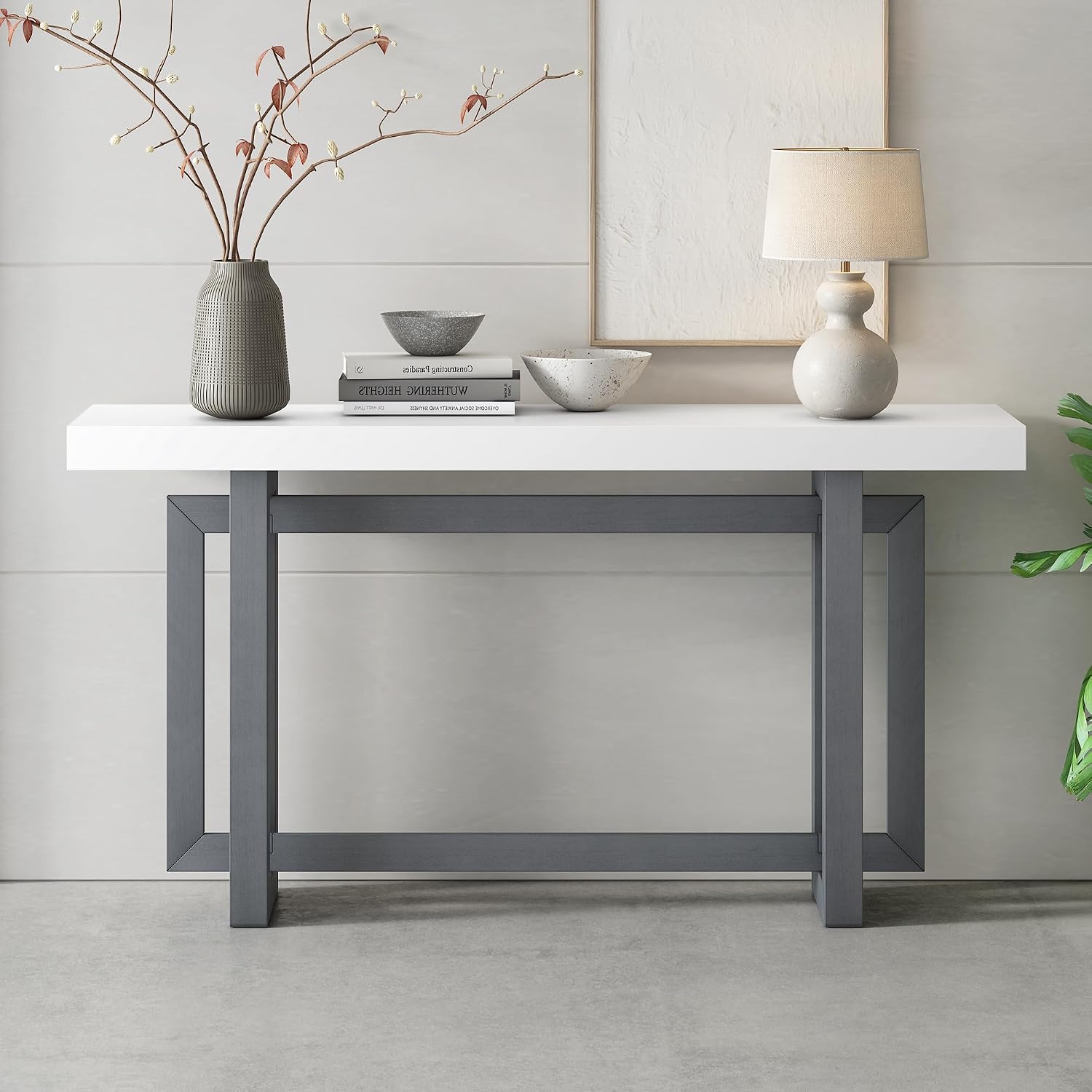 Merax Wood Entryway Console Table, Modern Line Frame with Industrial Concrete Top, for Living Room/Hallway/Foyer, White and Grey