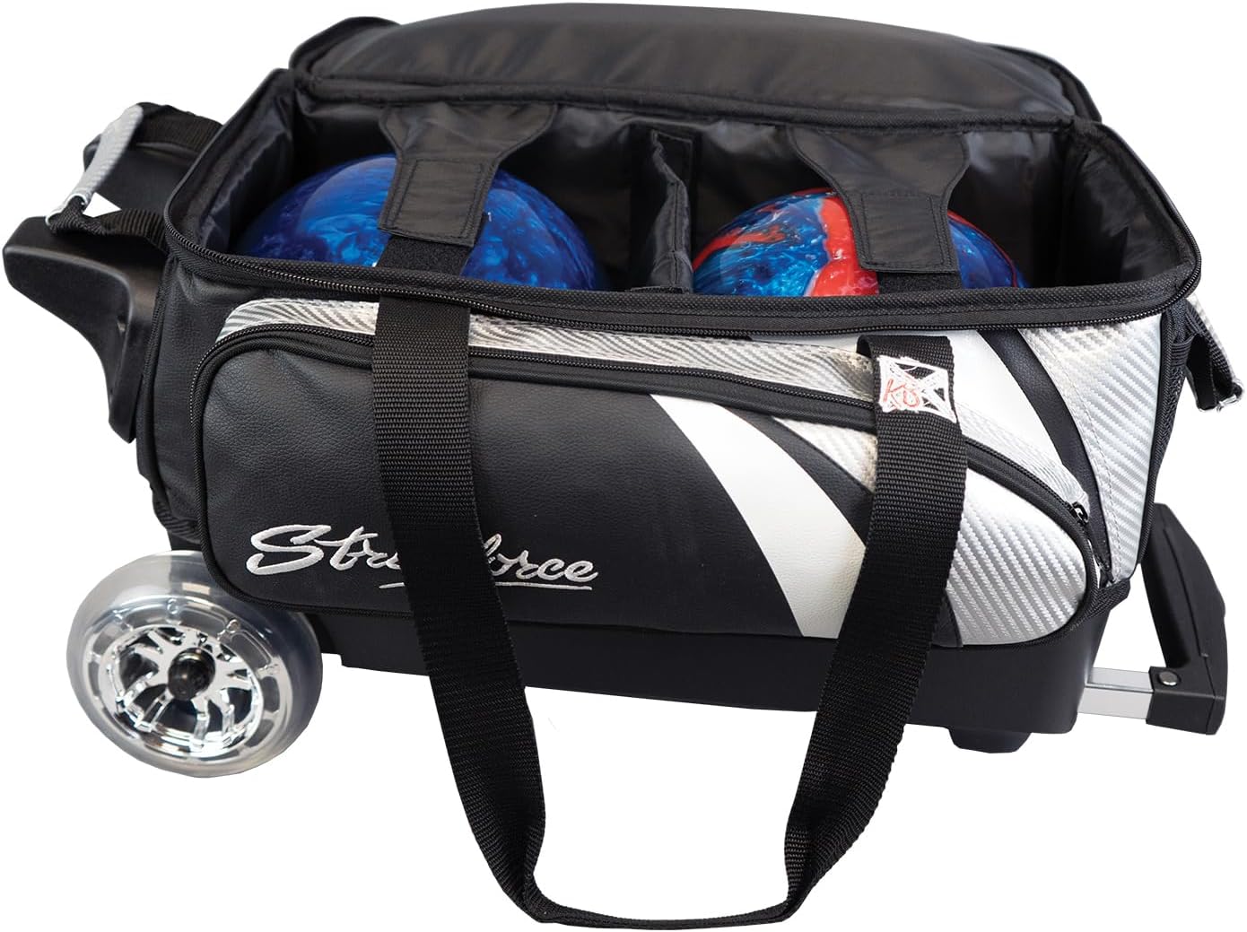 KR Strikeforce Cruiser Lux Double Bowling Ball Roller Bag with Upper Shoe Compartment and Side Accessory Pouch