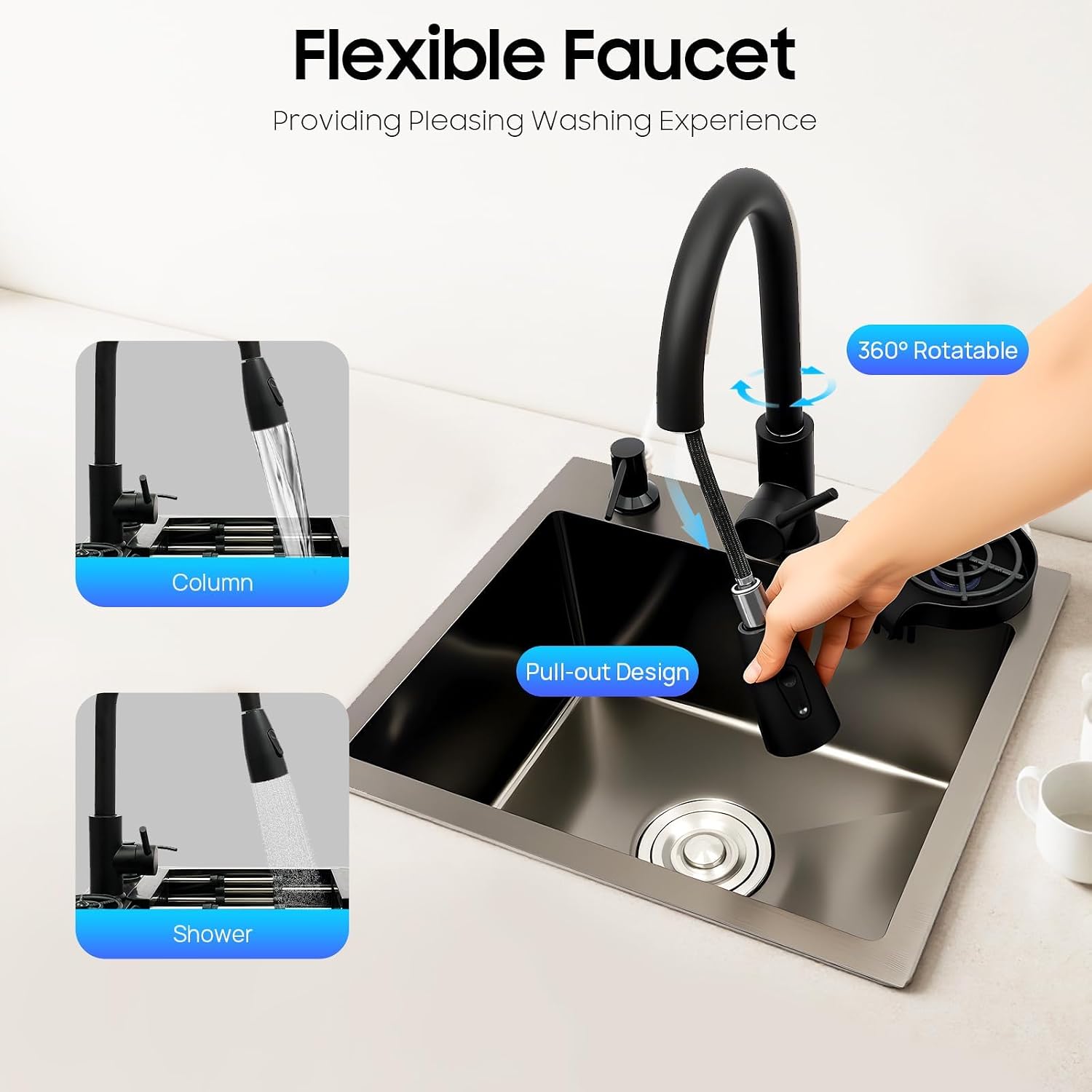 Kitchen Sink Drop-in Single Bowl Sinks, Workstation Handmade Undermount Sink with Pull-Out Faucet, Cup Washer & Accessories, Undermount Workstation Sink 55 * 45cm