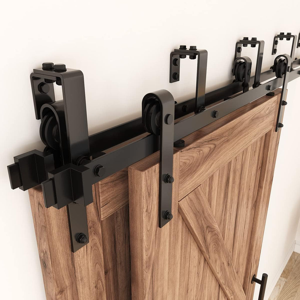 ZEKOO 15FT Double Track Bypass Sliding Barn Door Hardware Kit for 2 Doors, Bypass Barn Door Track Kit, Low Ceiling, Easy Install, J Shape Hanger, Fit 90' Wide Door Panel