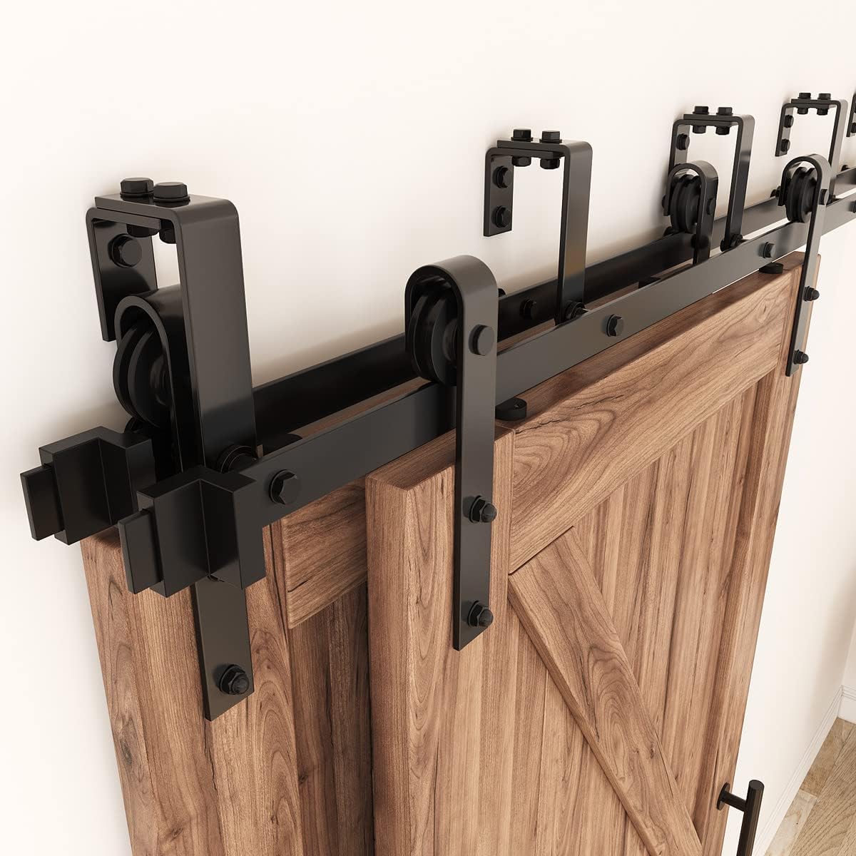 ZEKOO 15FT Double Track Bypass Sliding Barn Door Hardware Kit for 2 Doors, Bypass Barn Door Track Kit, Low Ceiling, Easy Install, J Shape Hanger, Fit 90' Wide Door Panel