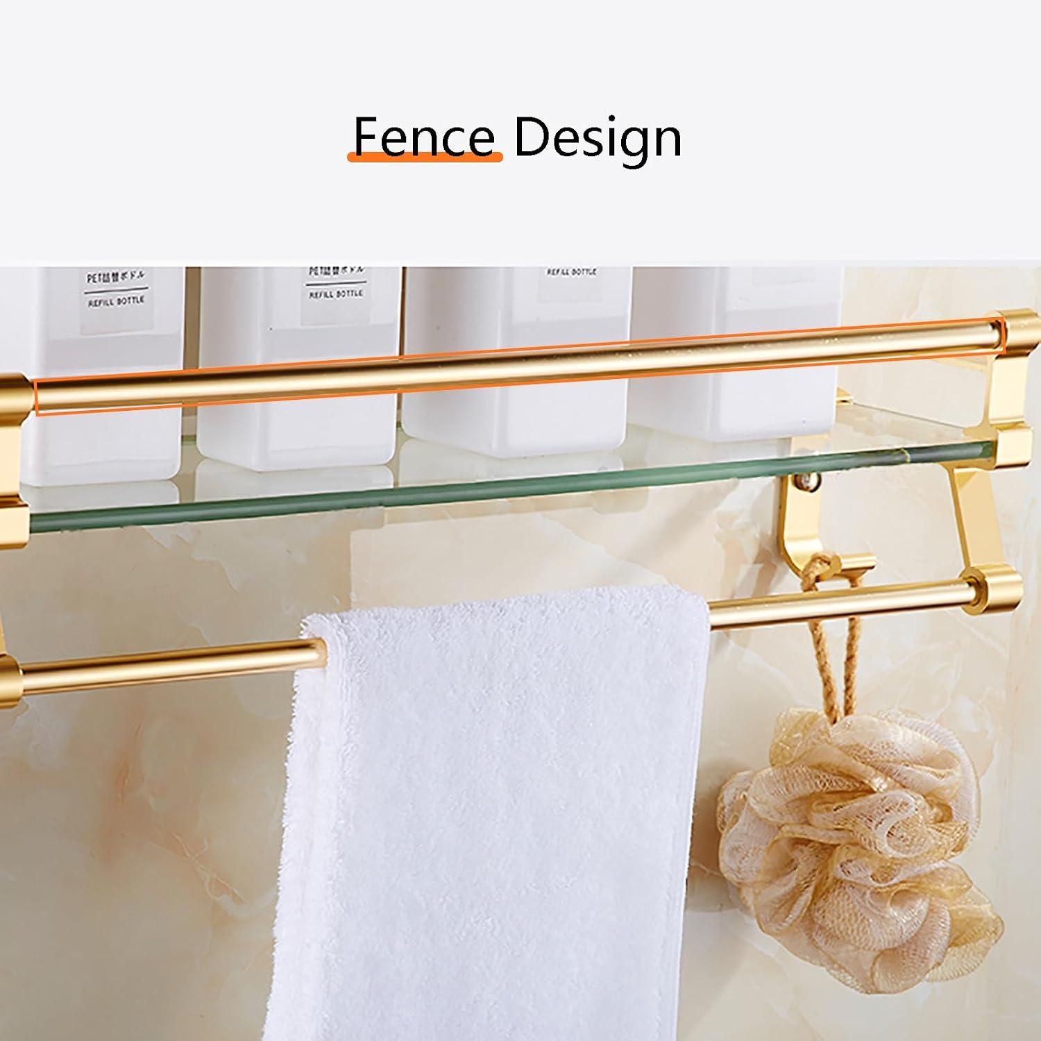 Bathroom Shelf with Hand Towel Bar Wall Mounted Tempered Glass Shower Storage European Retro Floating Shelf for Kitchen Drill Free Shower Caddy Silver 20in (Silver 24in)