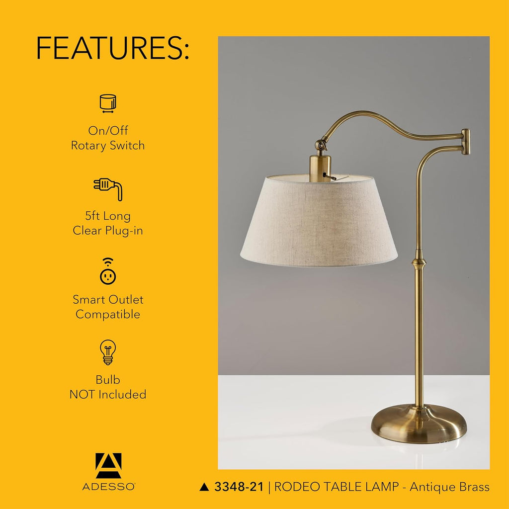 Adesso Antique Brass Table Lamp with Cream Fabric Shade - 180 Degree Adjustable Arm, Versatile Bedside Table, Living Room, or Desk Lamp, 27' Tall