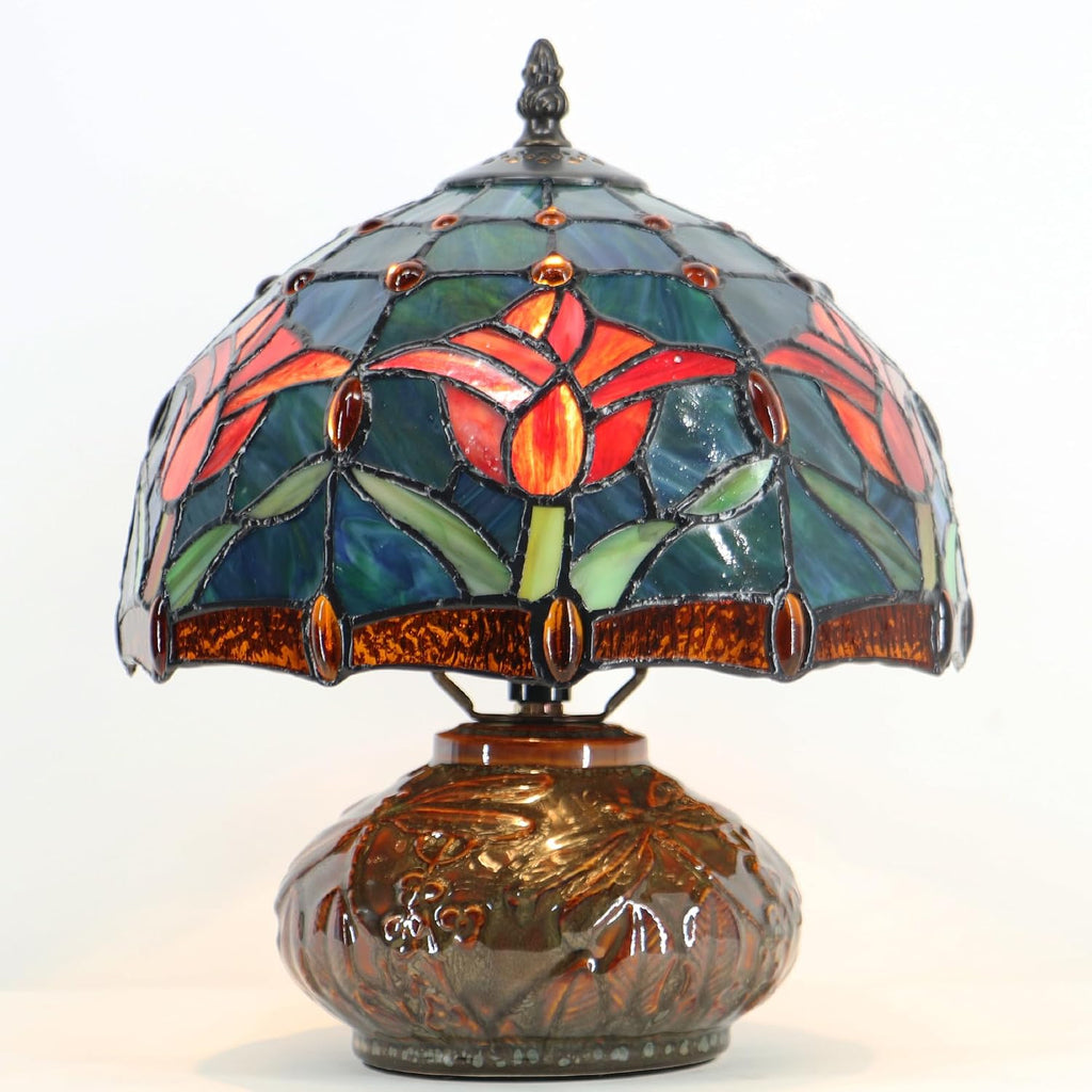 Tiffany Table Lamp, 10X10X11 Inch Mini Stained Glass Mushroom Desk Light Memory Sympathy Ceramic lamp (Tulip Style)