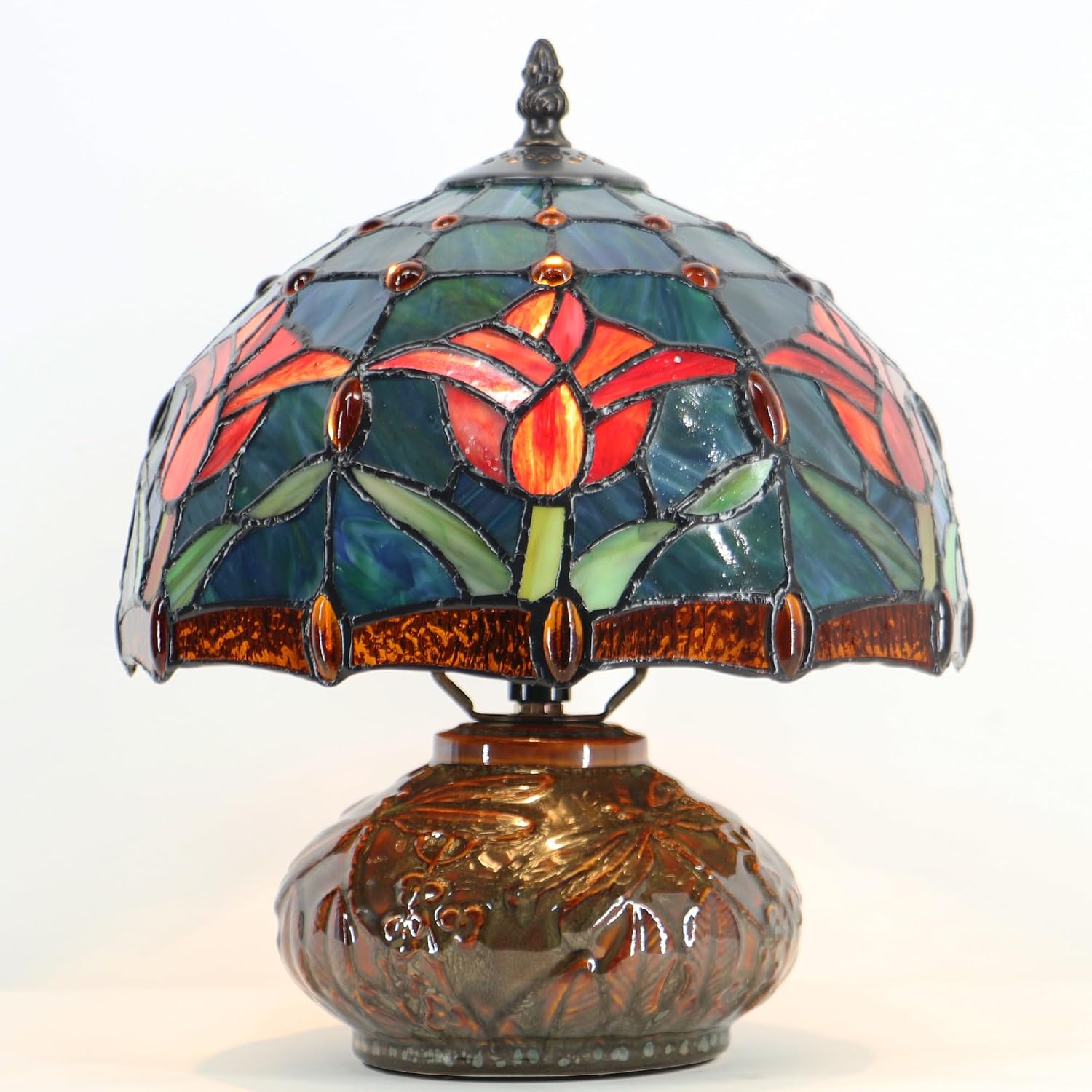 Tiffany Table Lamp, 10X10X11 Inch Mini Stained Glass Mushroom Desk Light Memory Sympathy Ceramic lamp (Tulip Style)