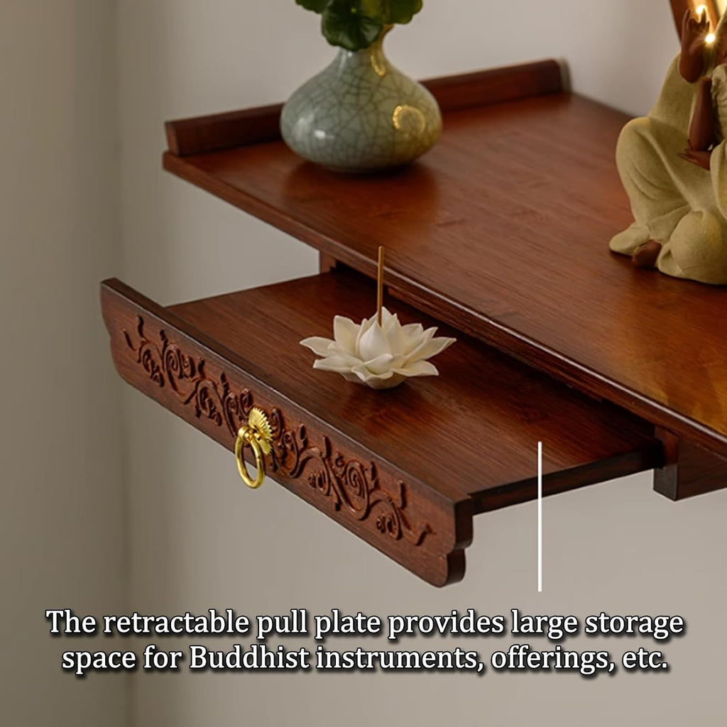 Wall-Mounted Buddha Statue Stand with LED Light Household Small Buddhist Shrine Altar Table with Retractable Pull Plate Bamboo Prayer Offering Table Wall Altar Shelf for Incense Offerings.(Walnut,50X2