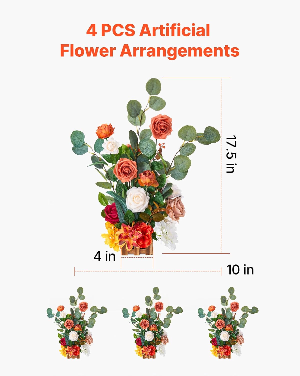 VEVOR Standing Artificial Flowers Arrangements 4 PCS, 17.5-Inch Tall Faux Flower Decorations for Wedding Aisle Runner Chair, Orange Floral Centerpieces for Ceremony Reception Party Outdoor Decor