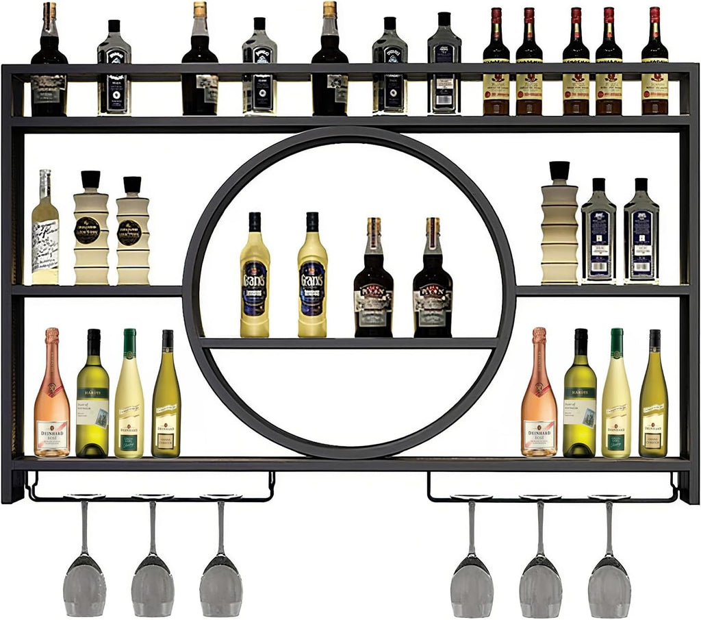 Wine Rack Wall Mounted 3 Tier Metal Floating Shelves With LED Light, Hanging Floating Bar Liquor Bottles, For Home Bars Kitchen (Black, 100x80x15cm)