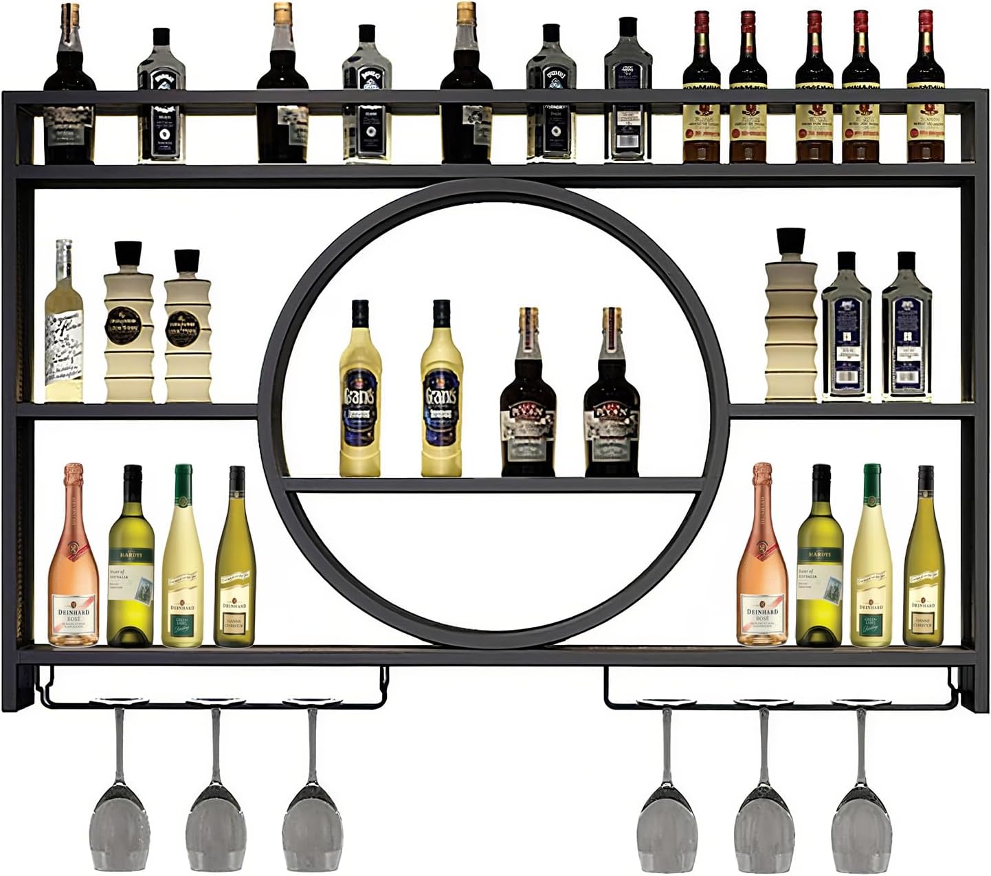 Wine Rack Wall Mounted 3 Tier Metal Floating Shelves With LED Light, Hanging Floating Bar Liquor Bottles, For Home Bars Kitchen (Black, 100x80x15cm)