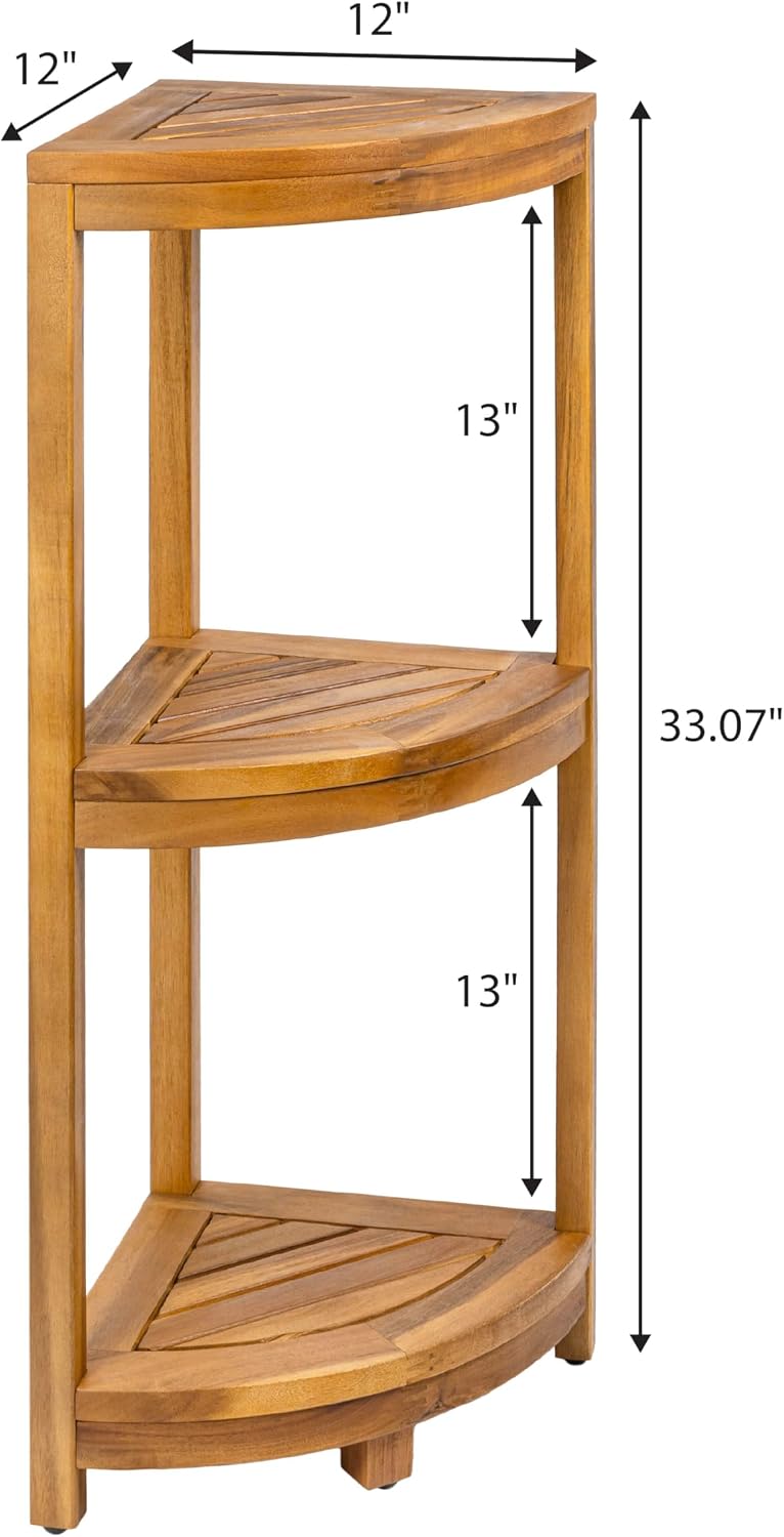 Eyely FHS1000A Etsim 33' Classic Minimalist 3-Tier Acacia Wood Freestanding Bathroom Corner Shelf, Shower Organizer, Storage Rack for Bath, Office, Kitchen Desktop, Natural
