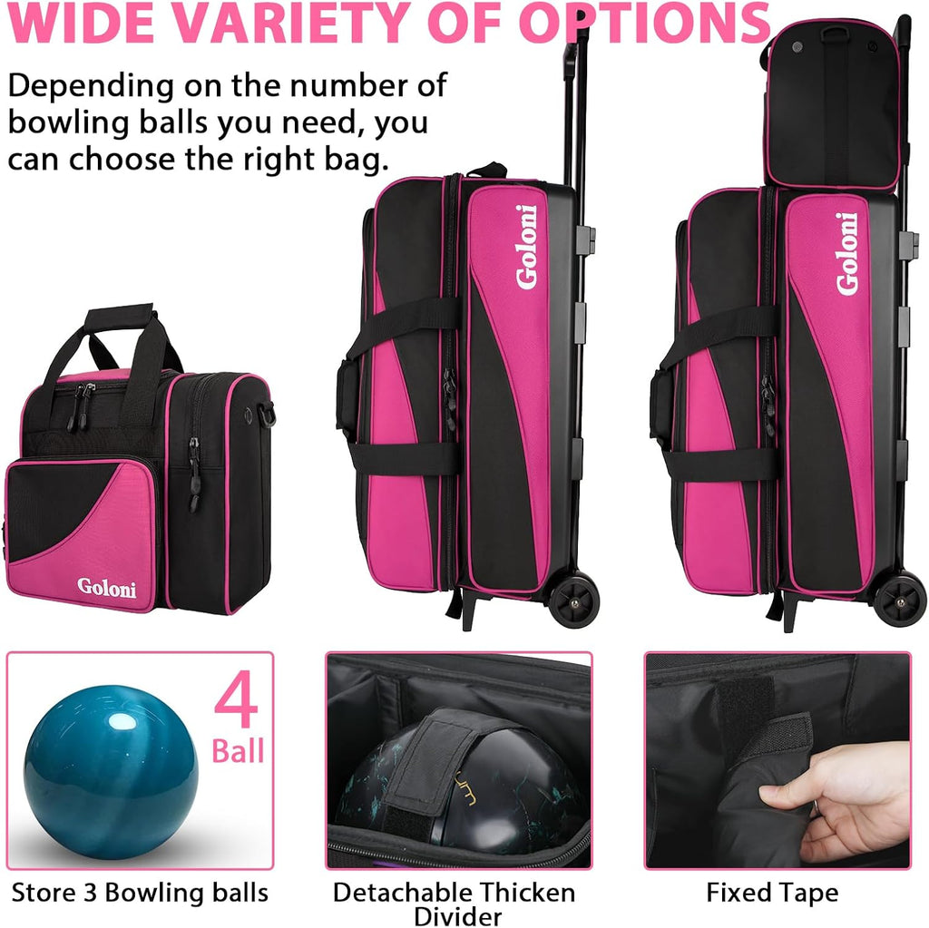 Goloni 3 Ball Bowling Bag with Wheels, Rolling Bowling Roller Bag with Retractable Handle for Balls & Bowling Accessories