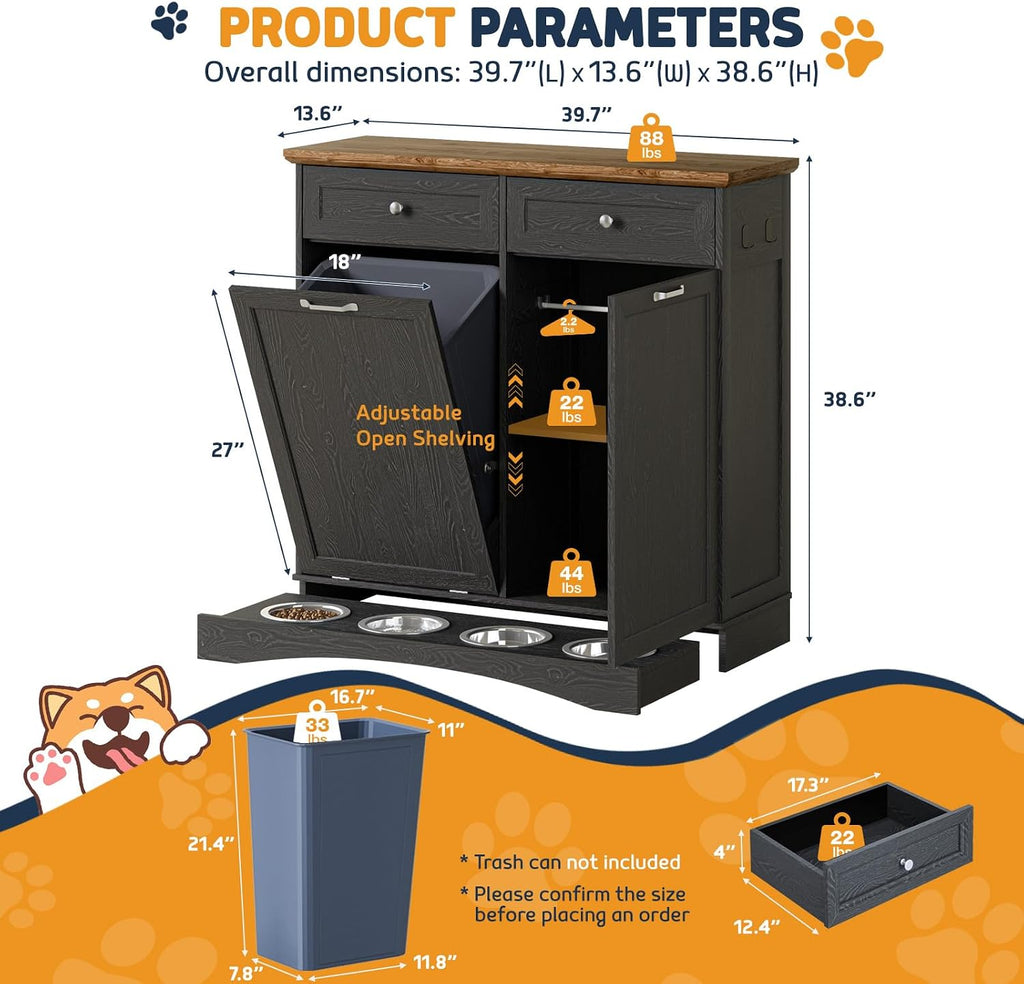 Double Door Dog Feeding Station with Storage, 10 Gallons Tilt Out Trash Can Cabinet, Dog Food Cabinet with 4 pcs Dog Bowl for Kitchen/Living Room (Black, Double Door)