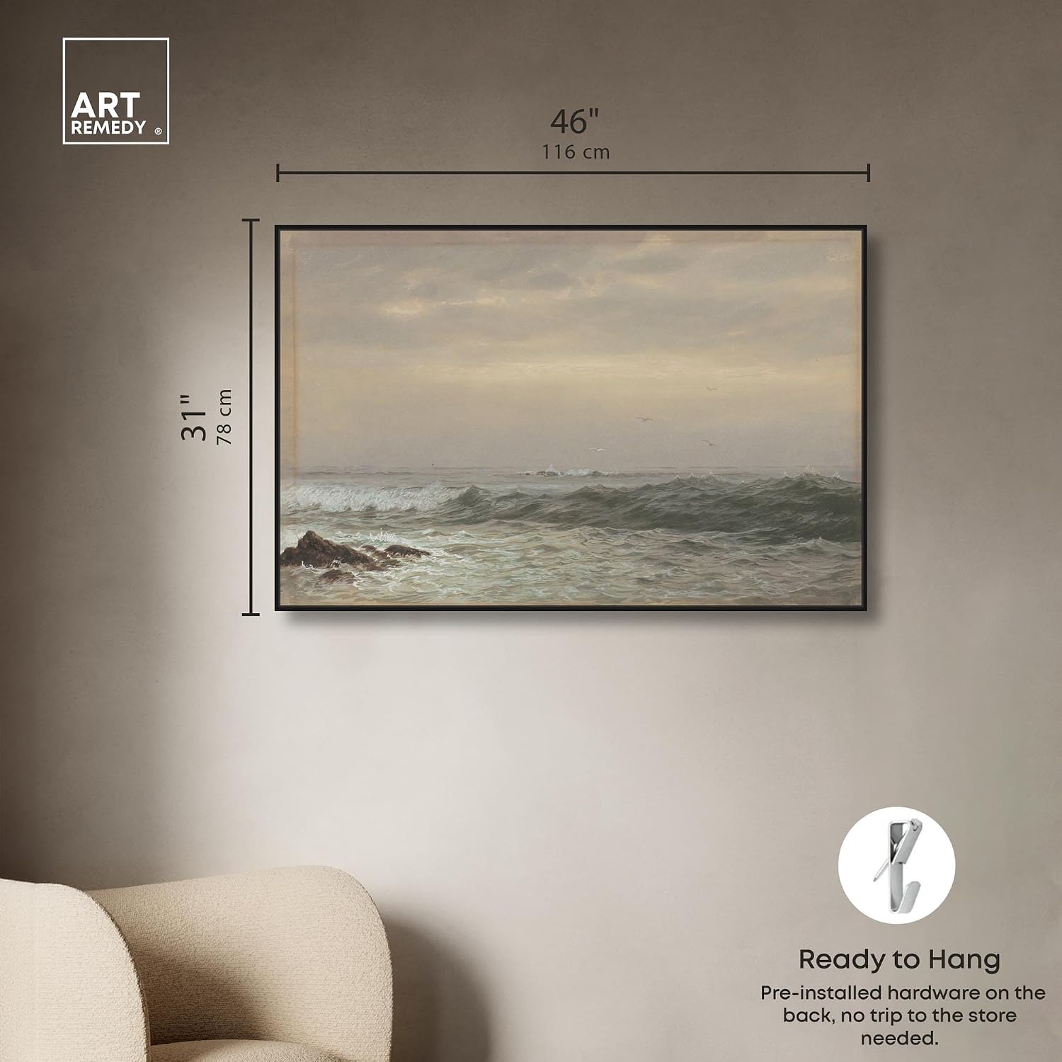 Art Remedy Rocks and Breaking Waves Canvas Coastal Classic Art, Black Frame, 45' x 30'