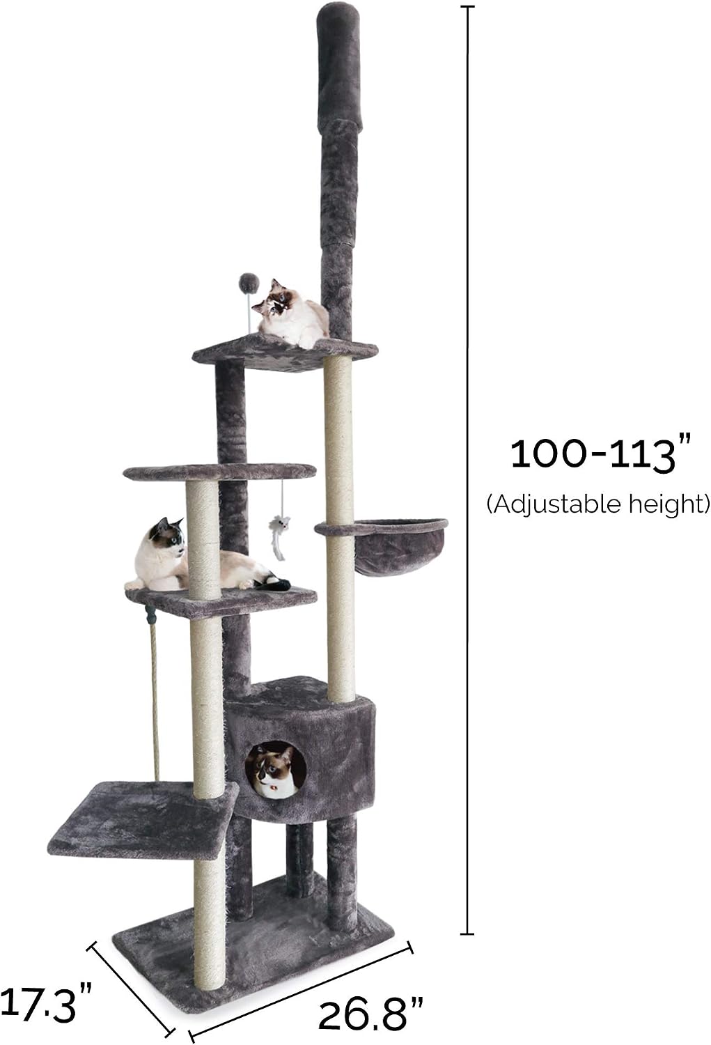 Furhaven 100'-113' Tall Cat Tree for Indoor Cats w/ Adjustable Height, Ft. Sisal Scratching Posts, Condo, & Toys - Tiger Tough Skyscraper Interactive Playground Tower - Gray, One Size