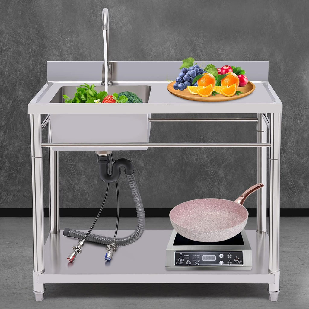 Stainless Steel Sink Single Bowl Commercial Utility Sink Free Standing Kitchen Sinks with Cold and Hot Water Faucets for Kitchens, Garage, Laundry Room (39.4'W x 19.7'Dx 31.5'H)