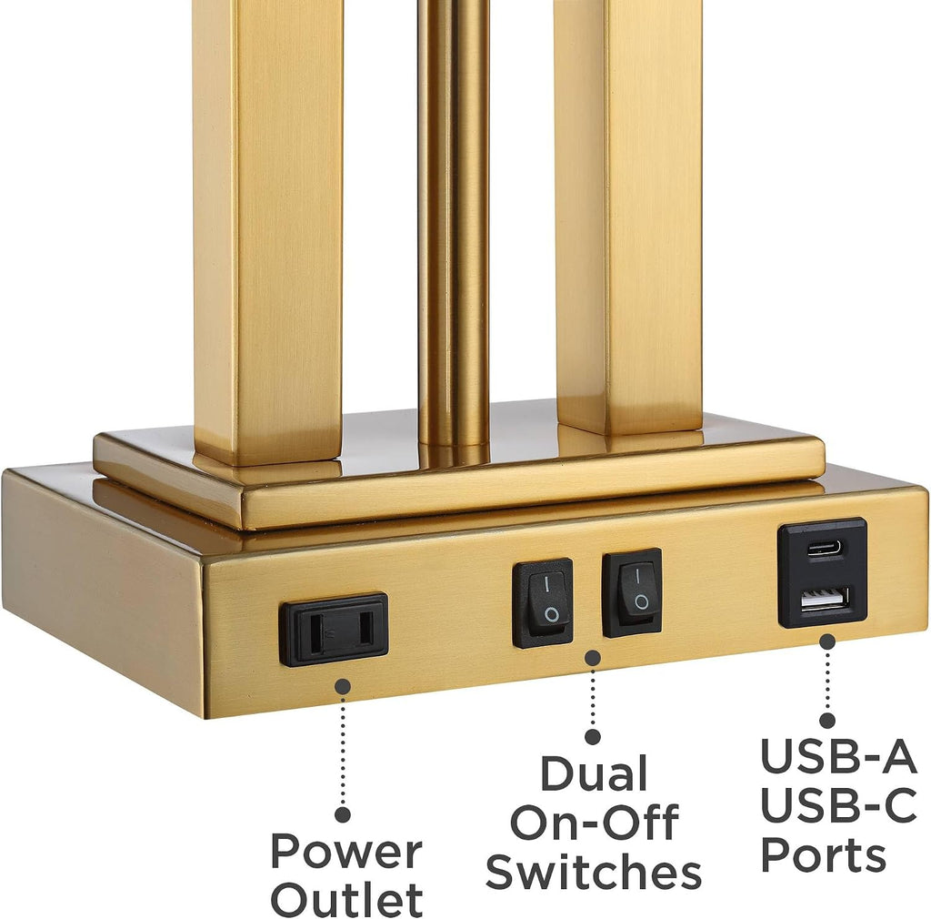 Possini Euro Design Deacon Modern Desk Table Lamp with USB and AC Power Outlet in Base LED Gooseneck 26' High Antique Brass Oatmeal Linen Drum Shade for Living Room Bedroom Bedside Nightstand