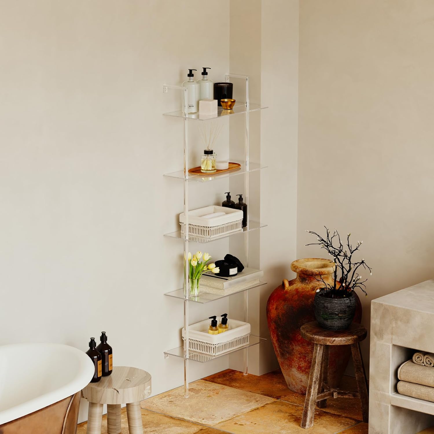 Acrylic Ladder Bookshelf, 5-Tier Clear Wall Mounted Bookshelf with Open Shelves, Multipurpose Bookcase for Living Room, Bathroom, Office, Modern, 11.6' D x 23.4' W x 72.6' H
