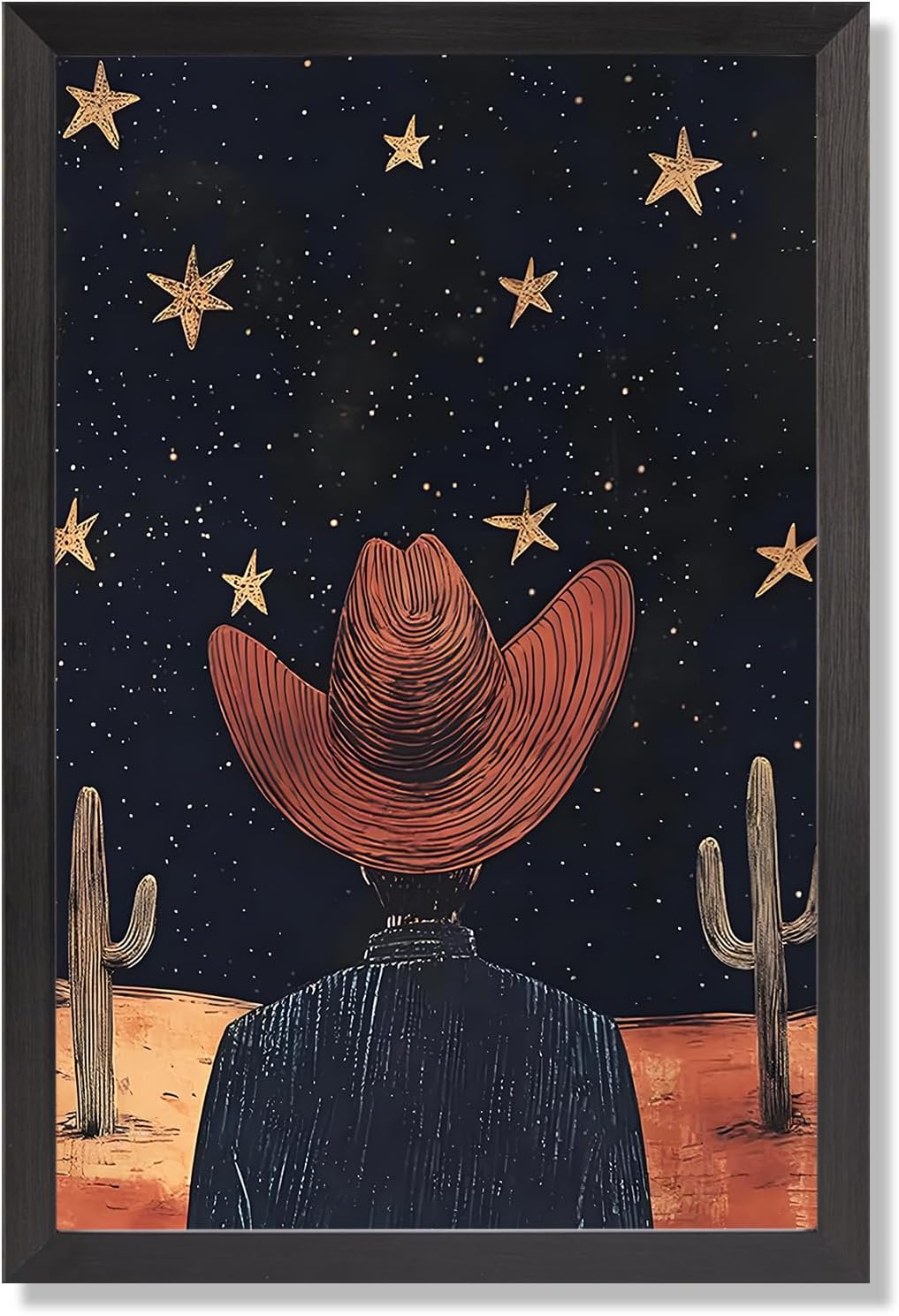 Black Framed Flat Vintage Starry Night Sky Poster Cowboy Hat Silhouette Cacti And Golden Stars Canvas Wall Art Western Prints Painting For Home Bedroom Dorm Wall Decor 24x36in Black Framed Flat