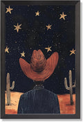 Black Framed Flat Vintage Starry Night Sky Poster Cowboy Hat Silhouette Cacti And Golden Stars Canvas Wall Art Western Prints Painting For Home Bedroom Dorm Wall Decor 24x36in Black Framed Flat