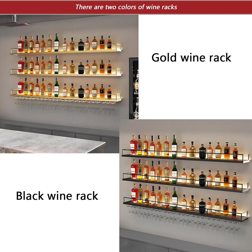 Wall-Mounted Metal Wine Rack with LED Lights 3-Tier Floating Bar Shelves with Wine Glass Rack Large Wine Bottle Display Rack Hanging Shelf, for Home Bar Dining Room Decorative (gold, 120cm/47.2in)