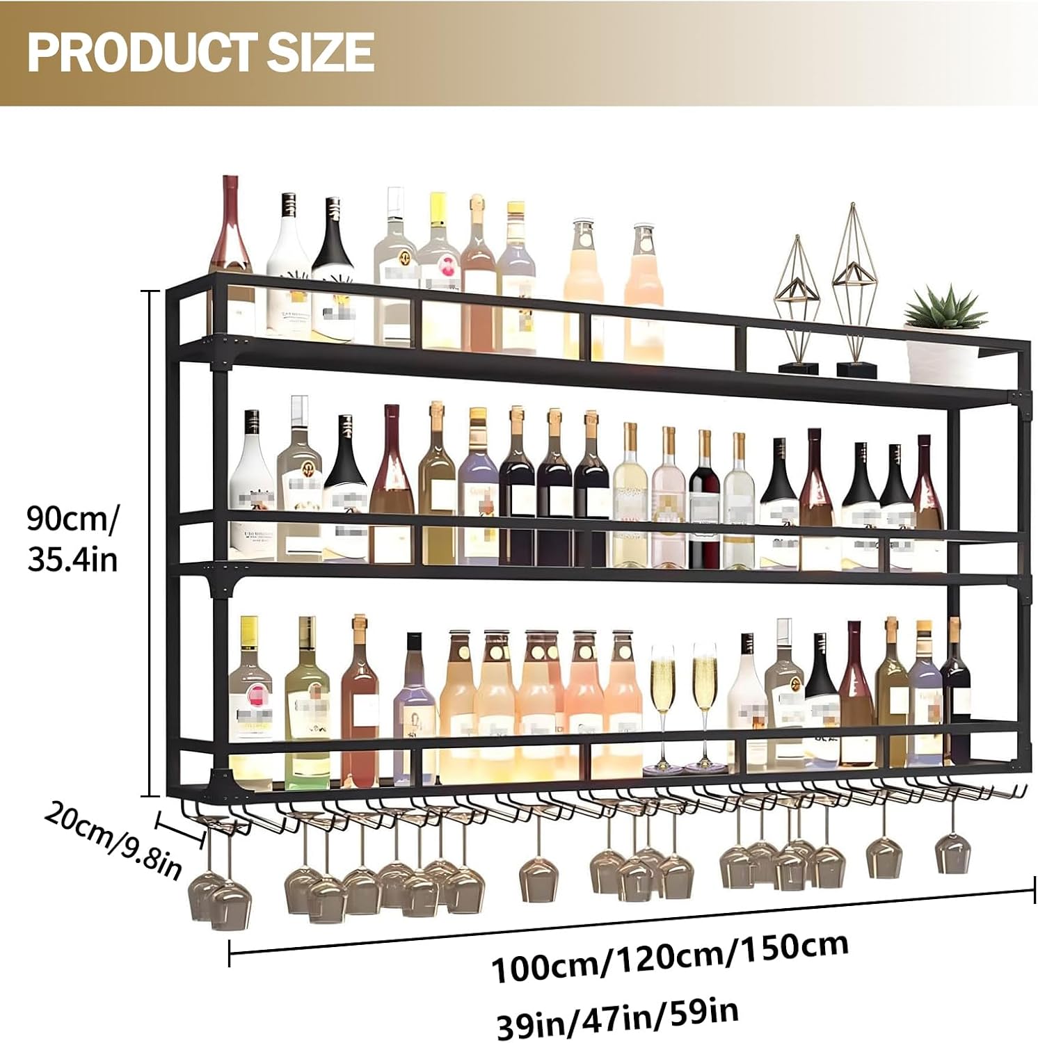 Wall Mounted Wine Rack with LED Light, Metal Bar Bottle Display Shelf Wine Cups Hanging Holder, Floating Industrial Liquor Glass Holder, for Home Bar Cafe Dining Room (Black 59')
