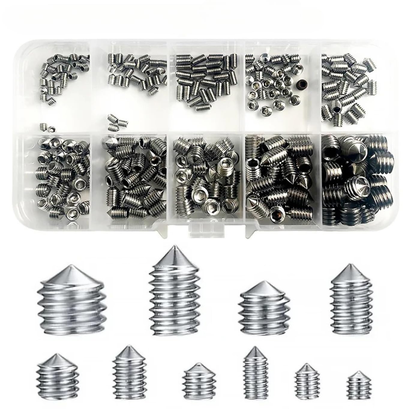 250pcs Stainless Steel Socket Head Hex Set Screws M3 M4 M5 M6 M8 Cup Assortment Kit Grub Screw Cup Point Grub Screw Kit Set (10 Boxes)