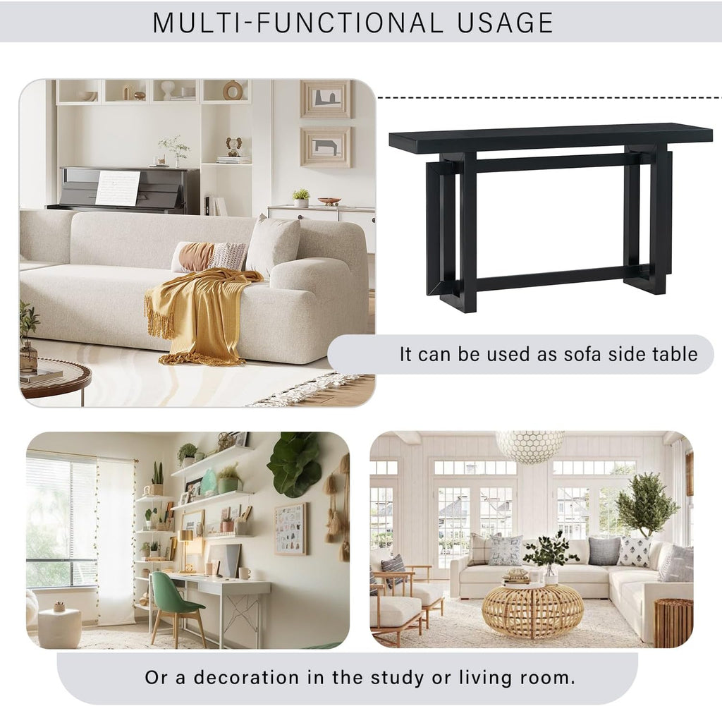Merax Wood Entryway Console Table, Modern Line Frame with Industrial Concrete Top, for Living Room/Hallway/Foyer, Black
