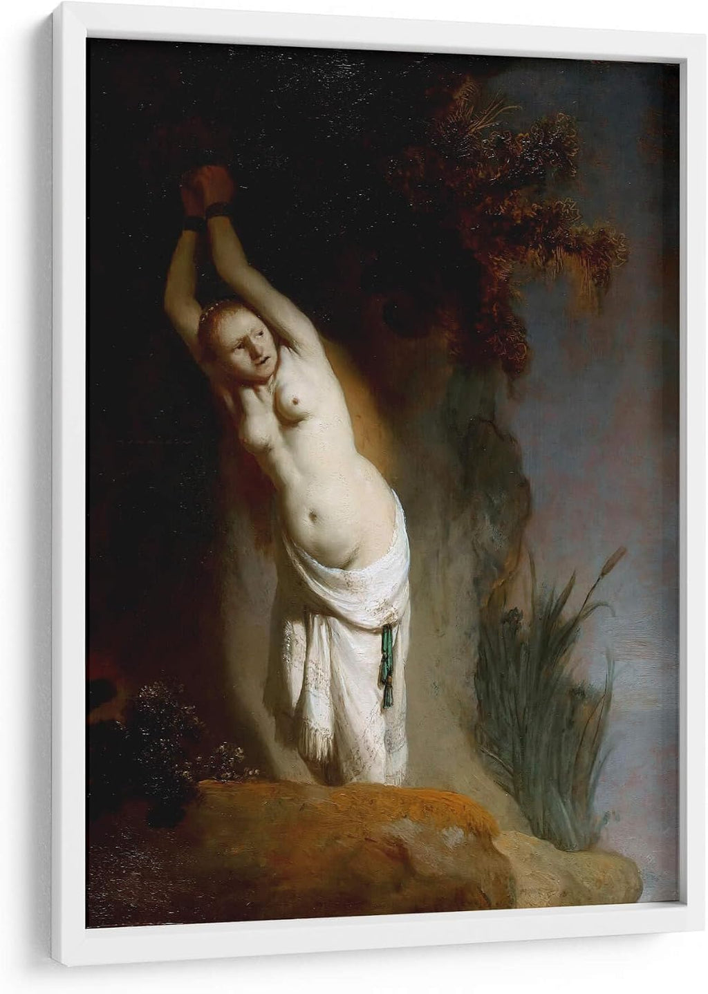 Canvas Lab | Andromeda Chained to the Rocks by Rembrandt van Rijn | 19 x 29 in | Fine Art Framed Print, Frame Color: White | Classical art, Baroque | Wall Decor for Bedroom, Living Room or Office