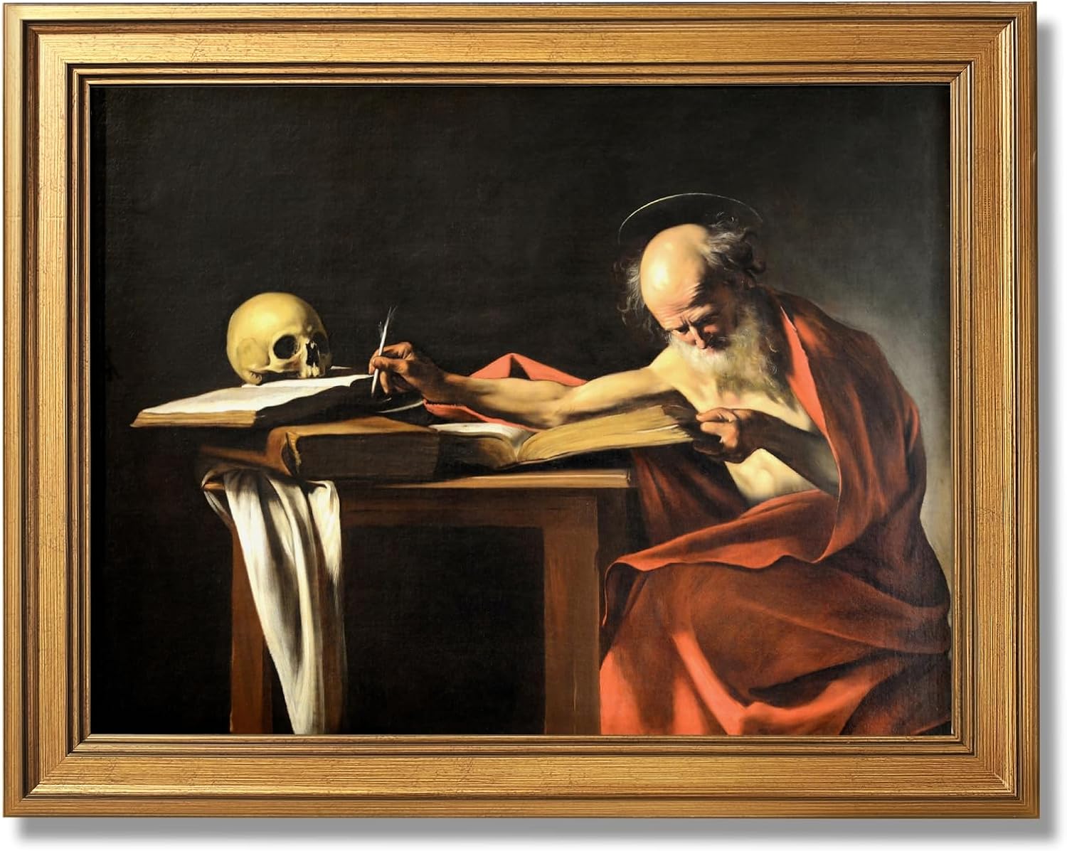 Saint Jerome Writing (1610) Caravaggio (Italian 1571 1610) Classical Religious Wall Art Poster Traditional Christian Posters Renaissance Inspired Decor Canvas Print Living Room 24X36inchGolden frame
