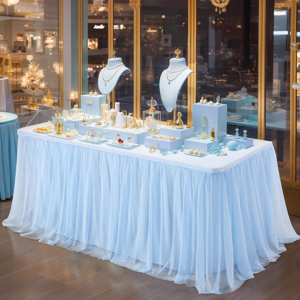 Baby Blue Tulle Tablecloth Table Skirt for 6 Foot Rectangle Tables with Ruffle Tutu Design for Wedding Reception Party Birthday, 6 Pack, 6ft Fitted Spandex Table Cover