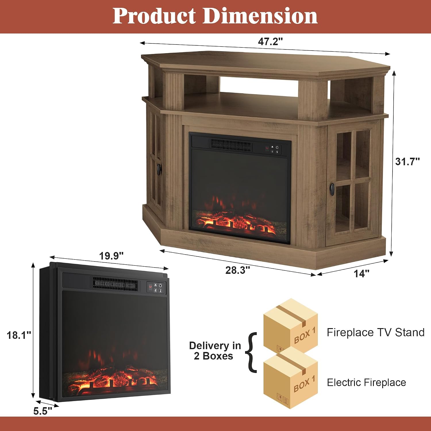 Furmax Fireplace Corner TV Stand for Up to 55 Inch, Modern Console with 18 Inch Electric Fireplace, Entertainment Center with Open Shelf and Storage Cabinets for Living Room (Brown)