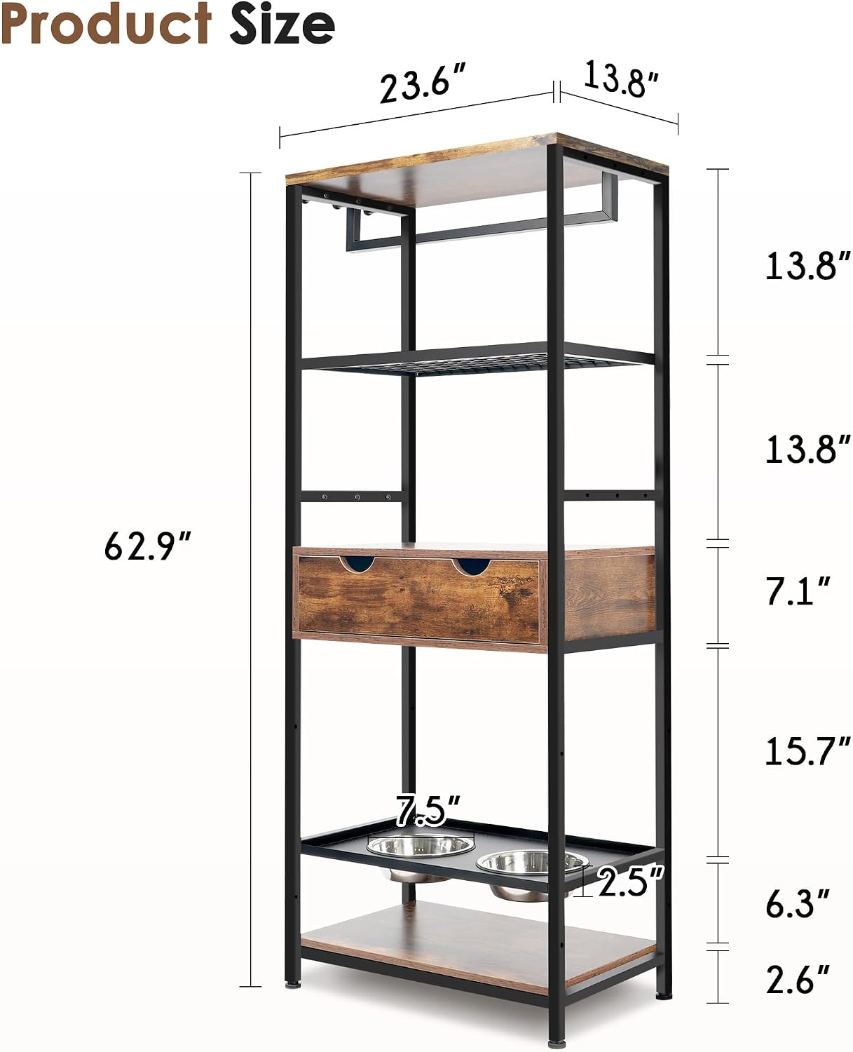 Dog Feeding Station Dog Feeder Station 3 Height Adjustable Raised Dog Bowls, Dog Storage Organizer with Shelves and 1 Drawer for Large Medium Dogs Cats, Black+Vintage
