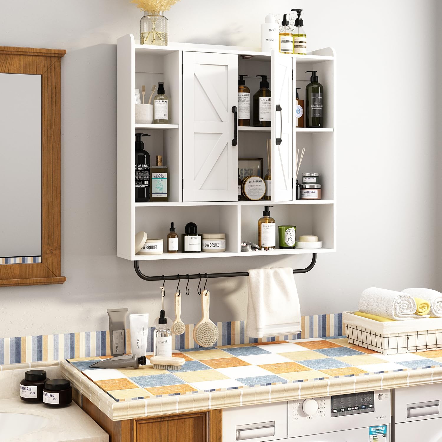 RUSTOWN Rustic Wood Wall Bathroom Cabinet, Farmhouse Medicine Cabinet Wall Mounted, Space Saving Wall Storage Cabinet with 2 Barn Door, 3-Tier Adjustable Shelves and Towel Bar (White)