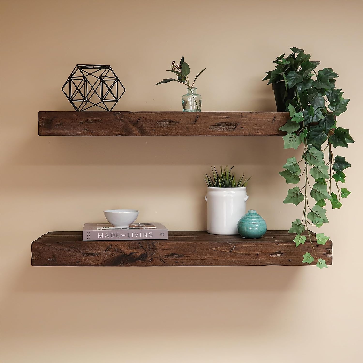 Urbandi Rustic Distressed Floating Shelves, Set of 2, Handmade Out of Pine Wood, 3 Inch Thick, Made in USA (Provincial, 24Lx3Hx6D)