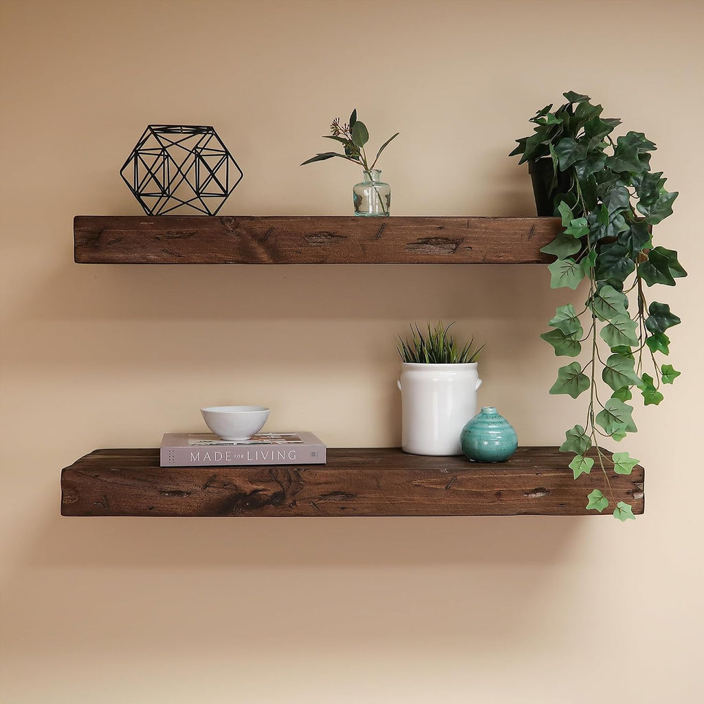 Urbandi Rustic Distressed Floating Shelves, Set of 2, Handmade Out of Pine Wood, 3 Inch Thick, Made in USA (Provincial, 24Lx3Hx8D)