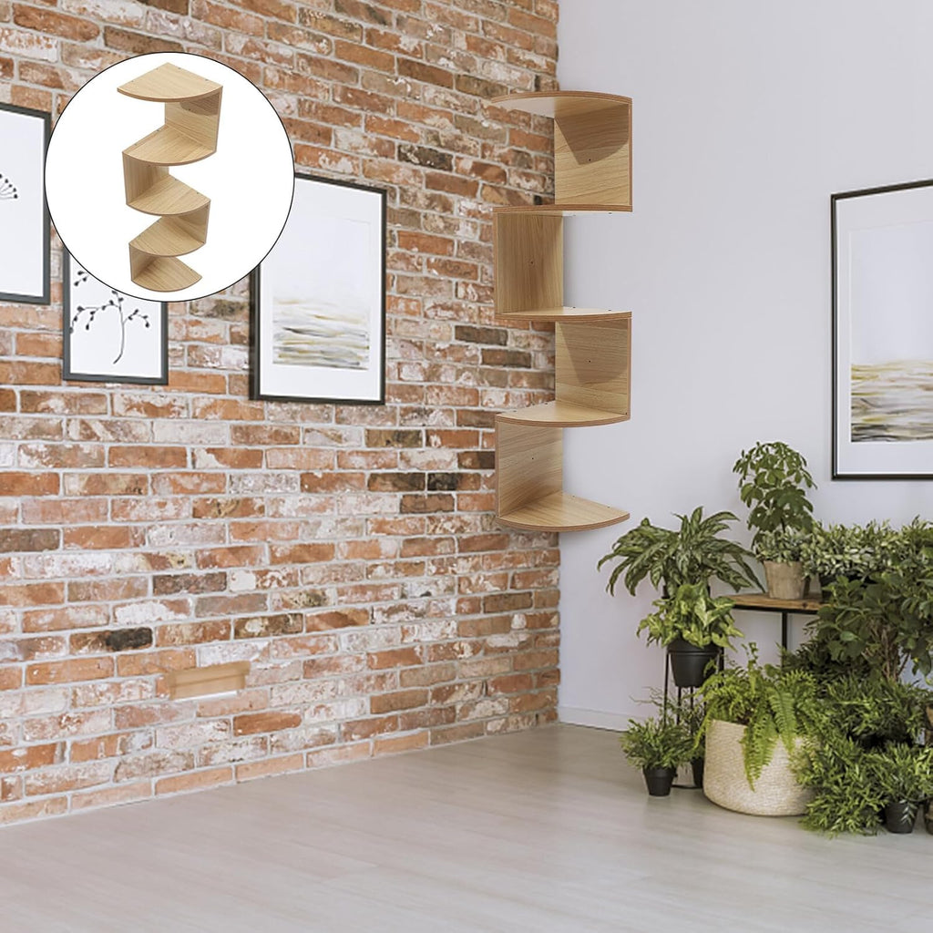 Creative 5-Layer Wooden Wall-Mounted Shelf with Corner Conversion Design, Light Walnut Multi-Layer Storage Rack for Home Décor and Bookshelf Organization