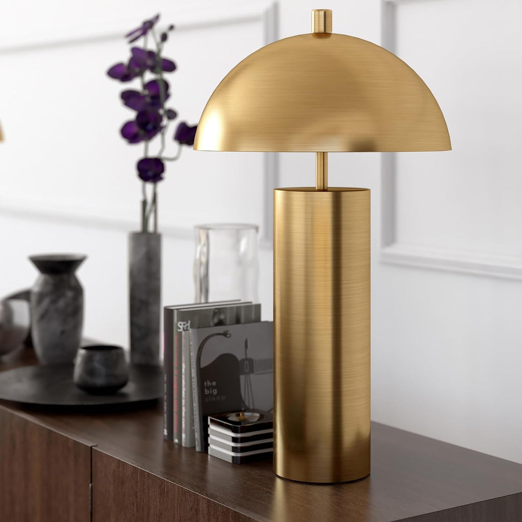 Henn&Hart 27' Mid-Century Modern 1-Light Table Lamp with Gold Metal Dome Shade for Living Room, Bedroom, or Office, Gold